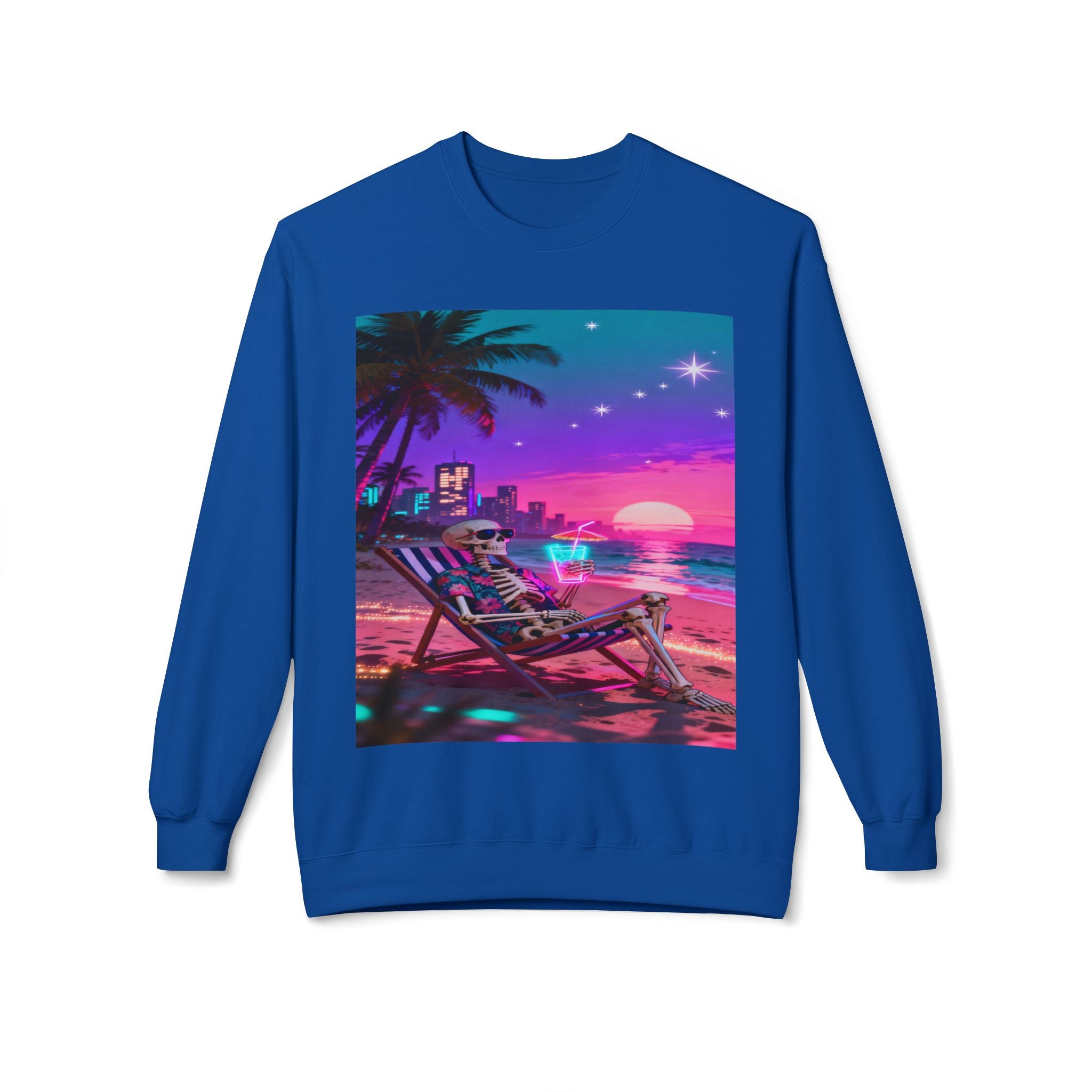 Retro Vaporwave Skeleton Beach Sweatshirt | Neon Sunset Aesthetic