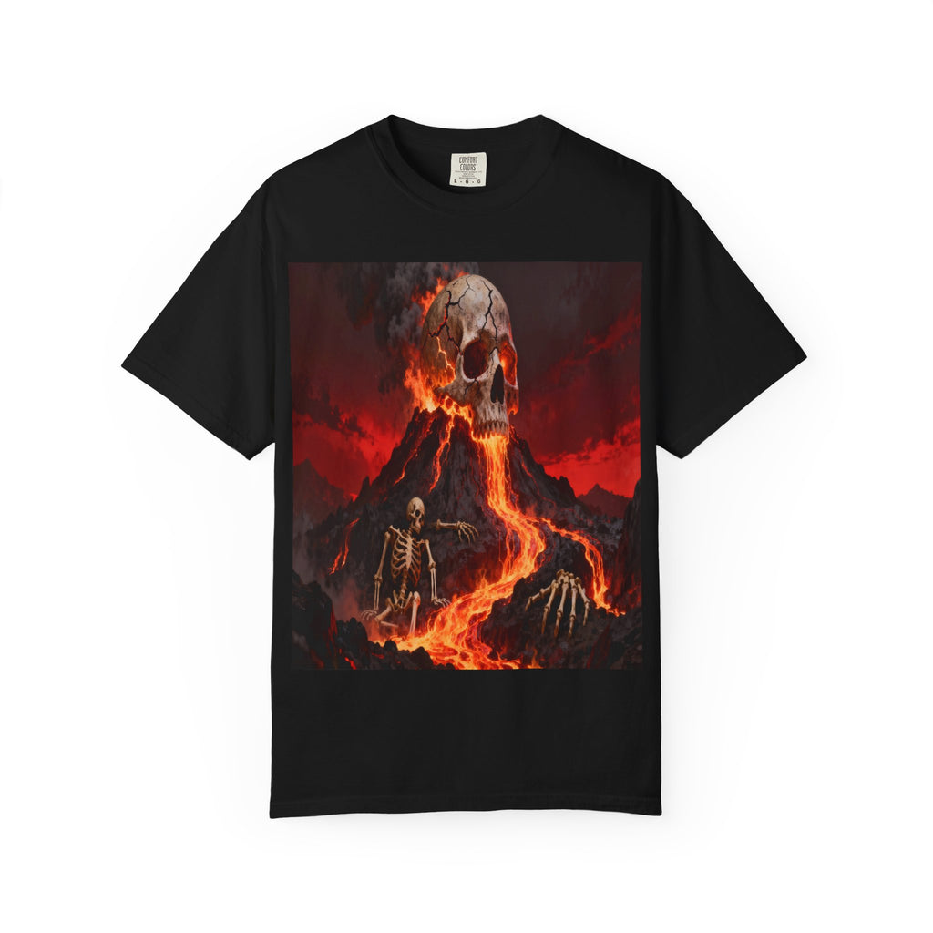 Volcanic Skull Lava Scene T-Shirt | Skeleton Volcano Graphic Tee