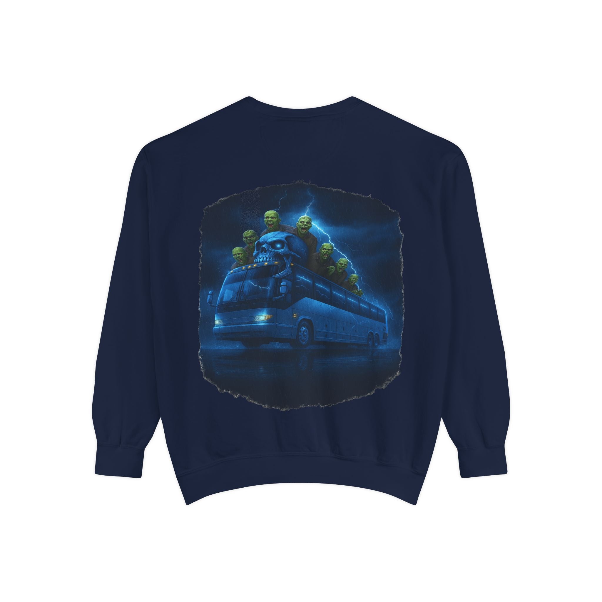 Ghostly Night Bus Sweatshirt — Haunted Storm Road Trip Crewneck