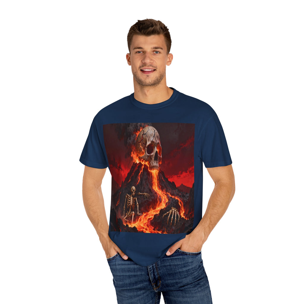 Volcanic Skull Lava Scene T-Shirt | Skeleton Volcano Graphic Tee