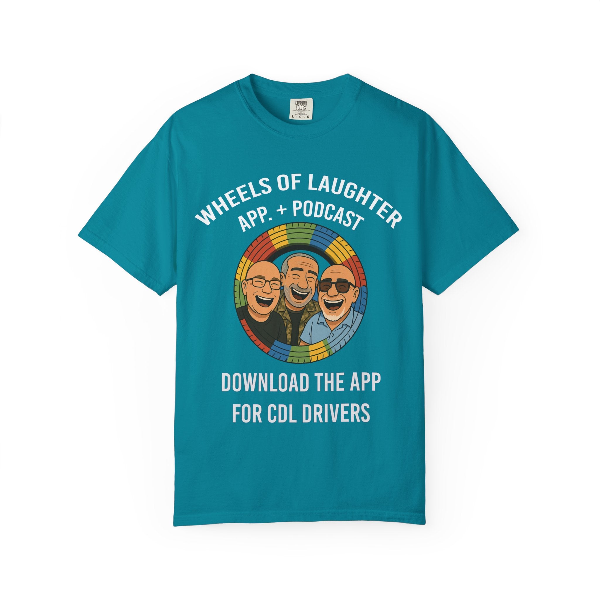 T-Shirt — Colorful Trio Logo Tee "=Wheels of laughter podcast CDL Drivers"