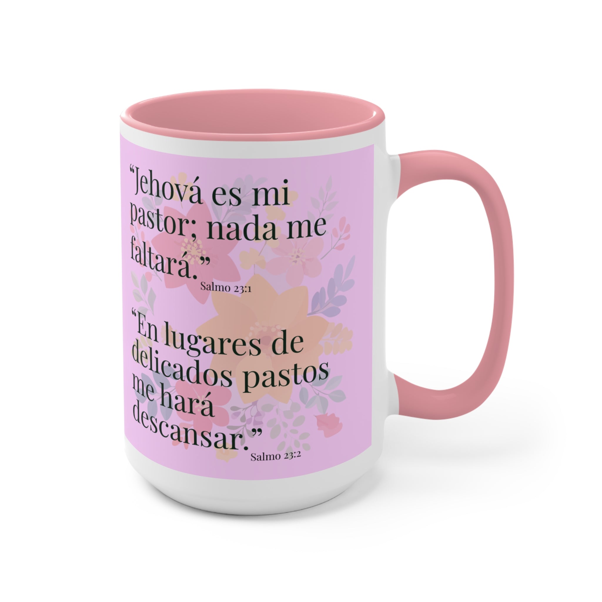 Lion Illustration Accent Mug | Bible Verse Spanish Text, Pink Interior