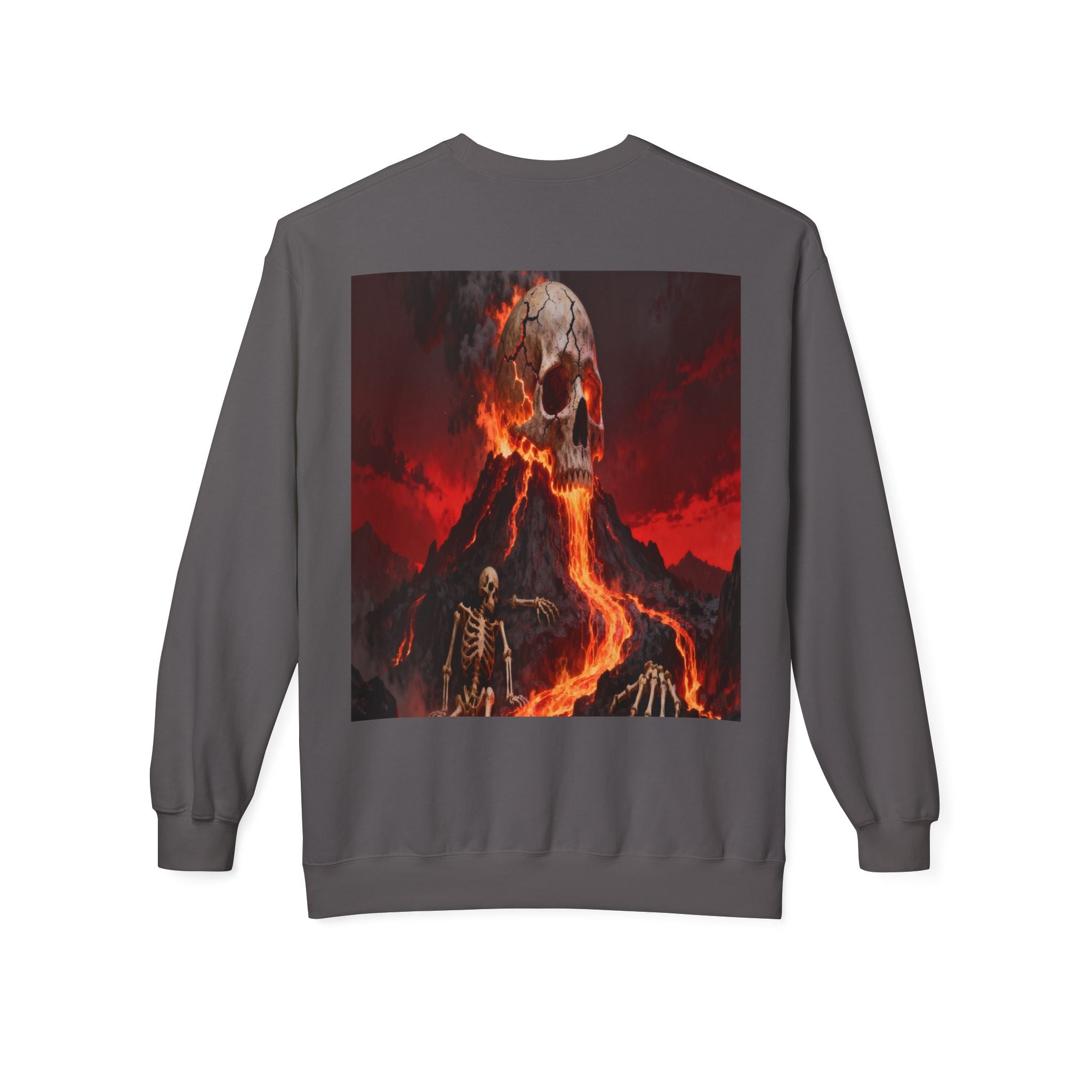 Raven on Skull Crewneck Sweatshirt | Skull Volcano Back Print