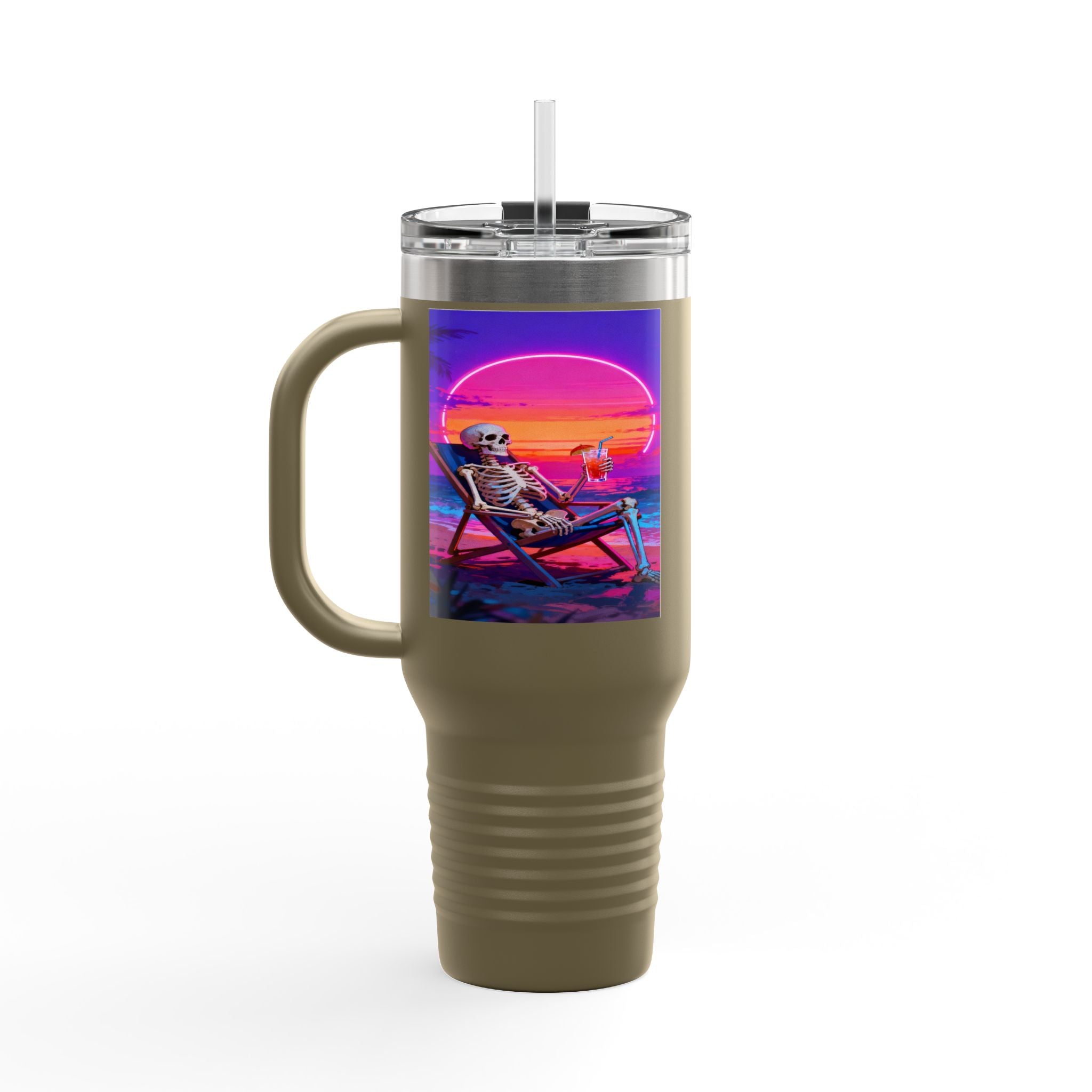 Retro Vaporwave Skeleton Sunset Insulated Travel Mug