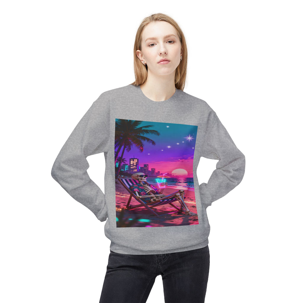 Retro Vaporwave Skeleton Beach Sweatshirt | Neon Sunset Aesthetic