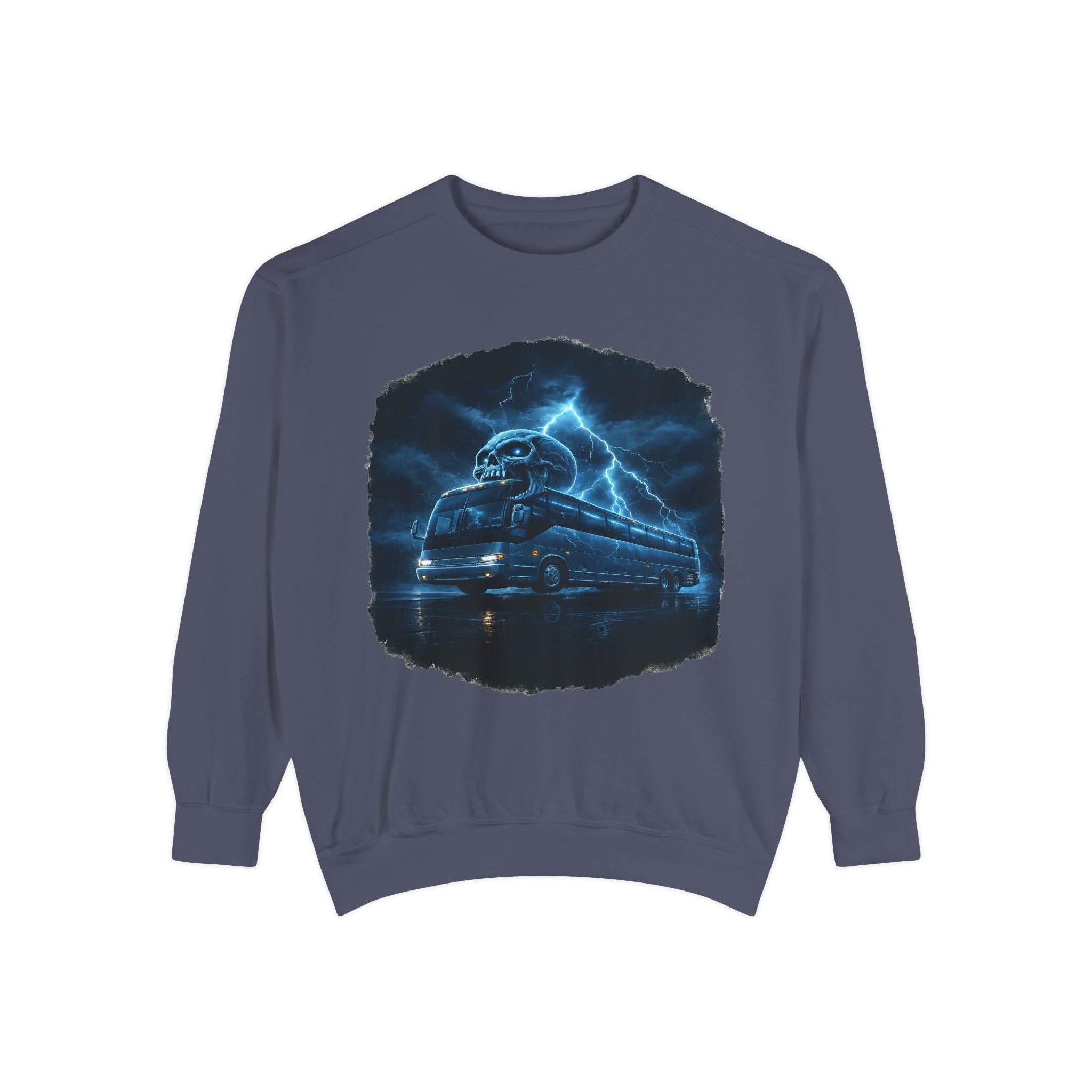 Ghostly Night Bus Sweatshirt — Haunted Storm Road Trip Crewneck