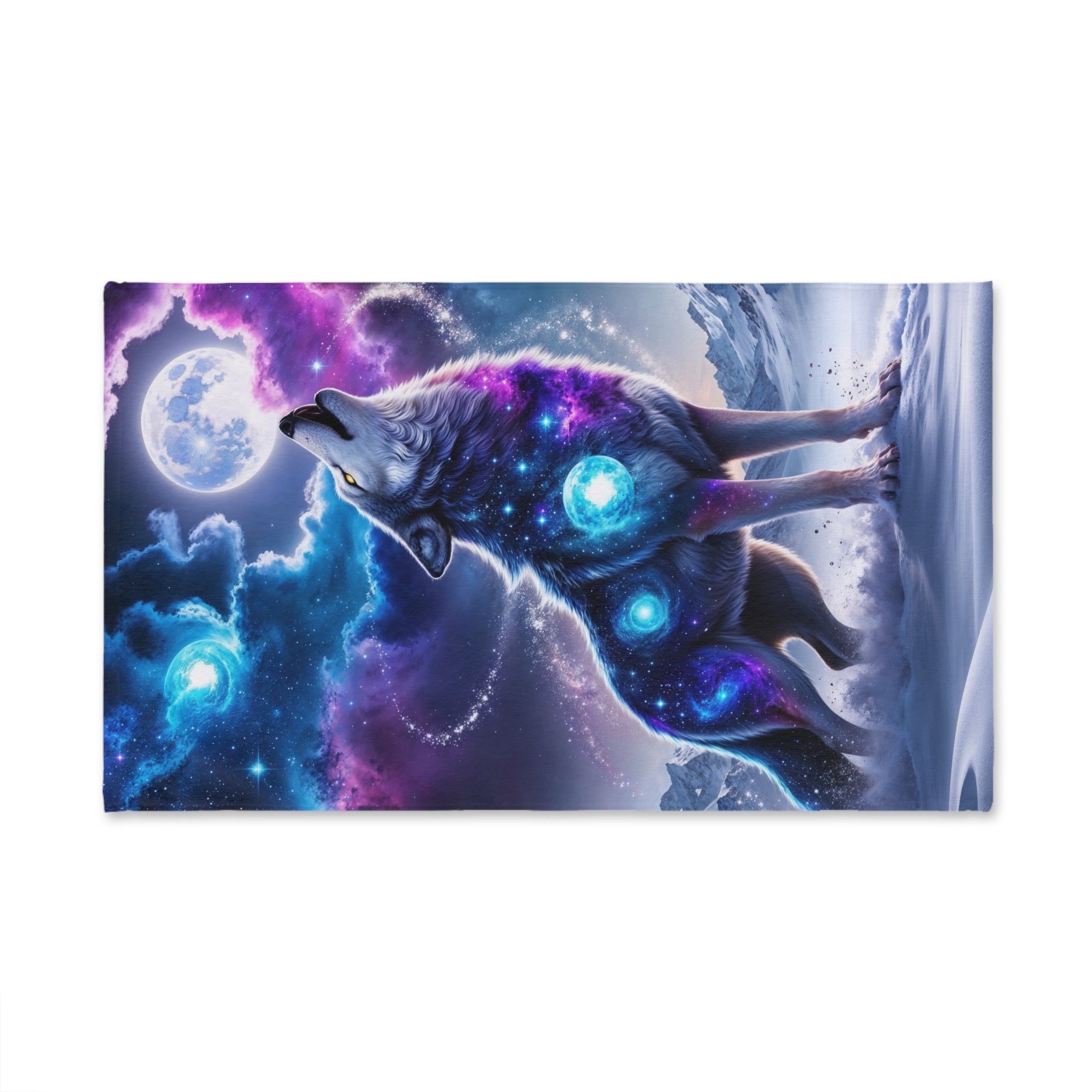 Cosmic Wolf Howling Hand Towel | Galaxy Night Moon