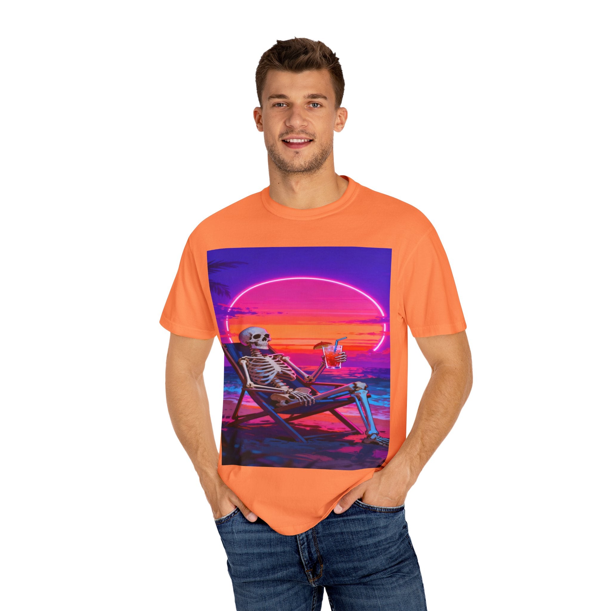 Skeleton on Beach T-shirt | Retro Neon Sunset Vaporwave
