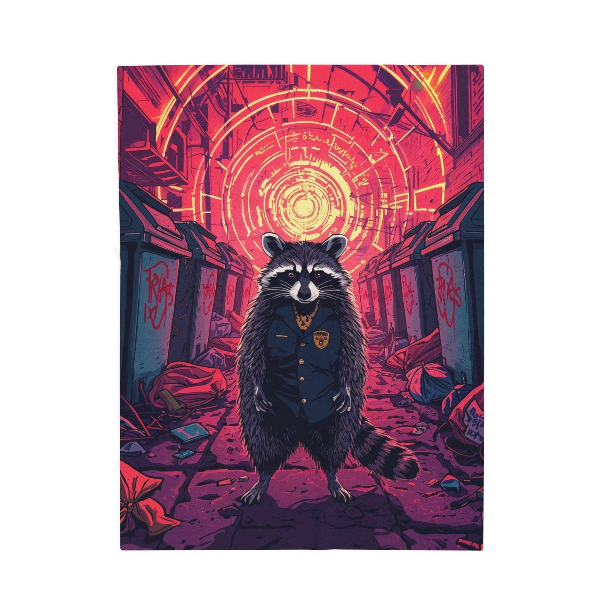 Cyberpunk Raccoon Patrol Velveteen Plush Blanket | Neon Alley Art Throw