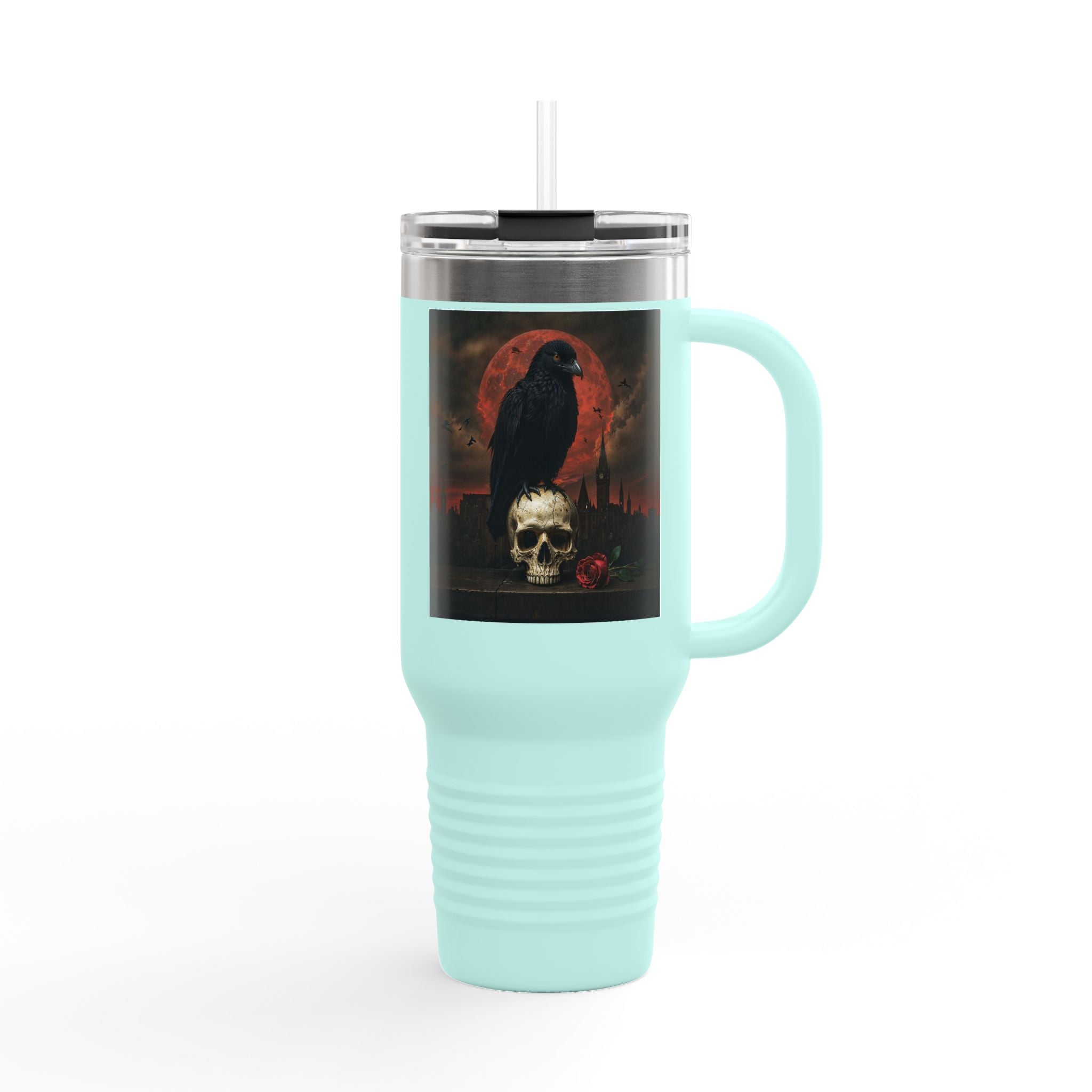 Raven on Skull with Blood Moon Insulated Travel Mug