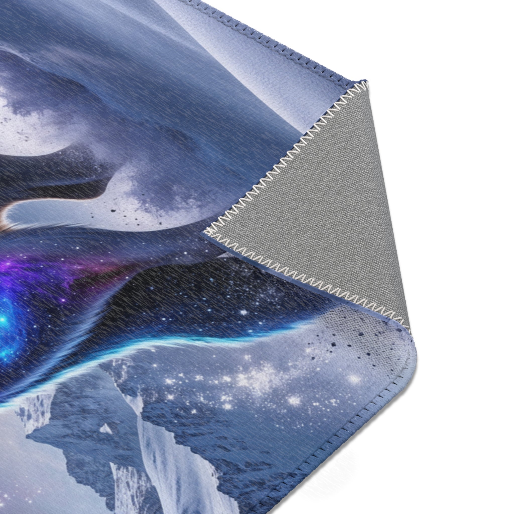 Galaxy Wolf Howling Area Rug | Cosmic Moon Night Sky, Blue Purple Nebula