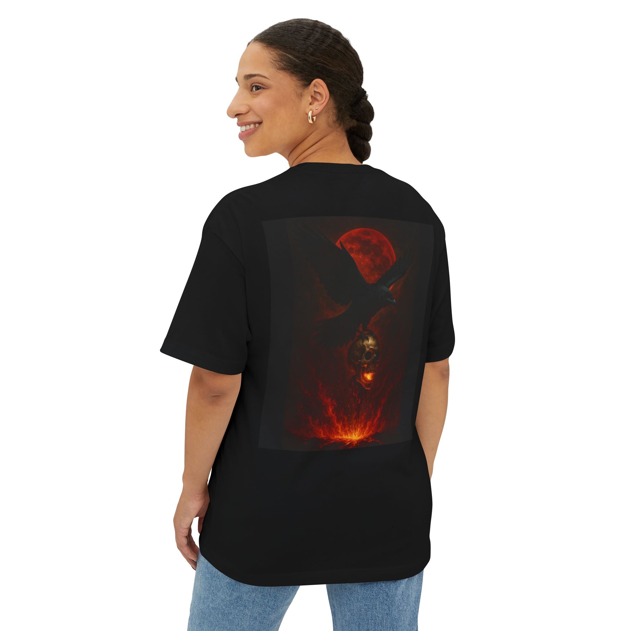 Raven Rising from Flames Skull Tee | Gothic Metal Fantasy