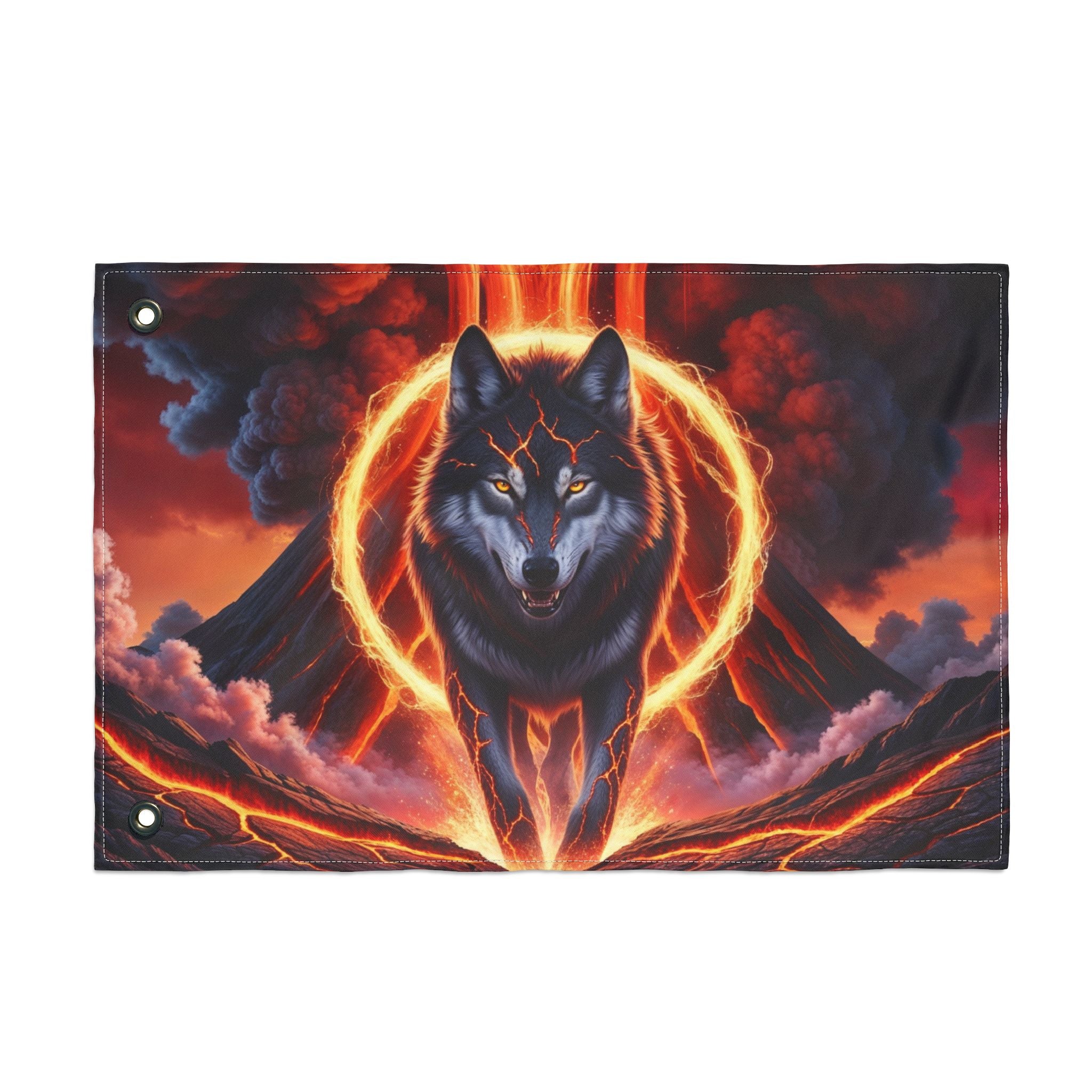 Fiery Wolf with Lava Ring Flag | Double-Sided Flag, Volcano Night Scene