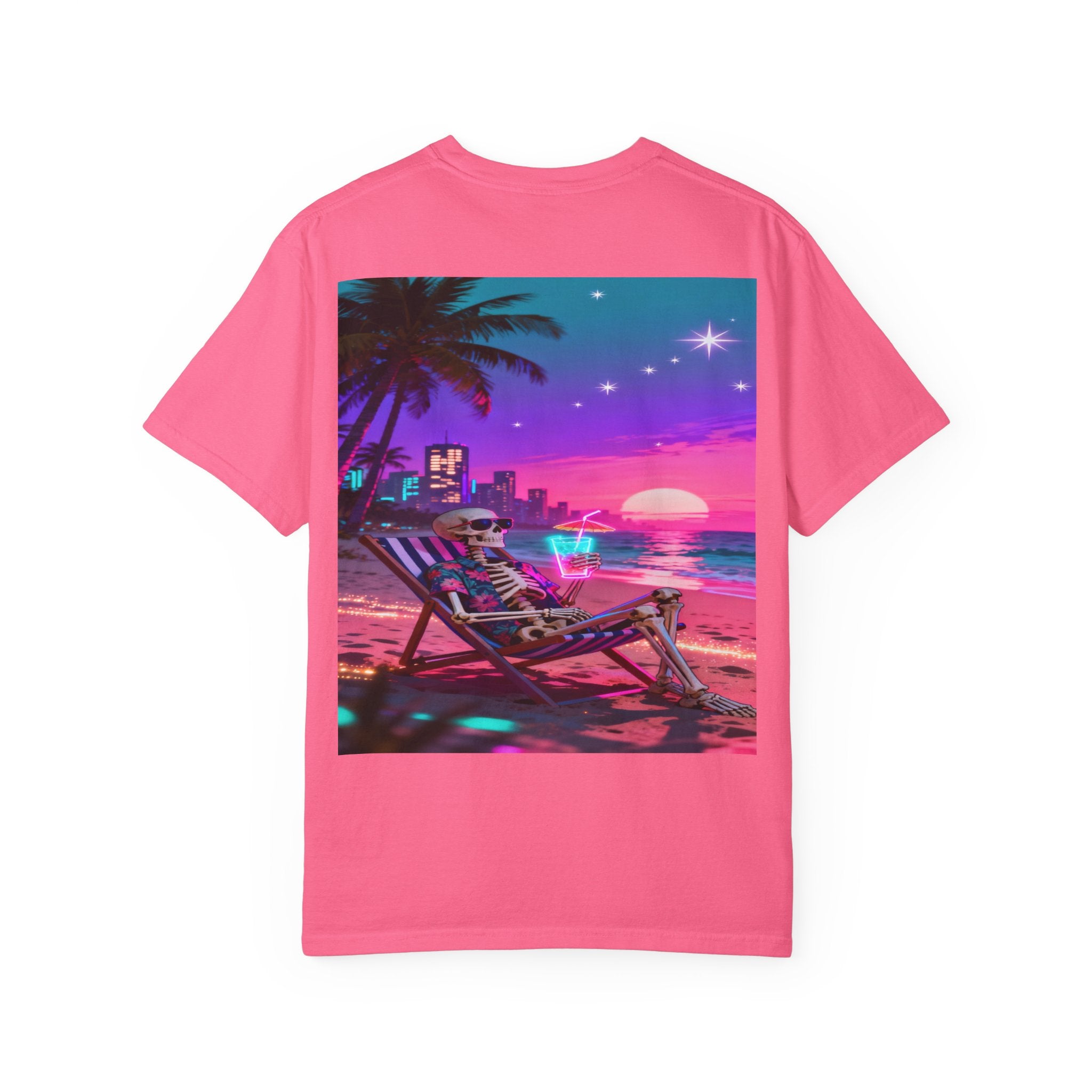 Skeleton on Beach T-shirt | Retro Neon Sunset Vaporwave