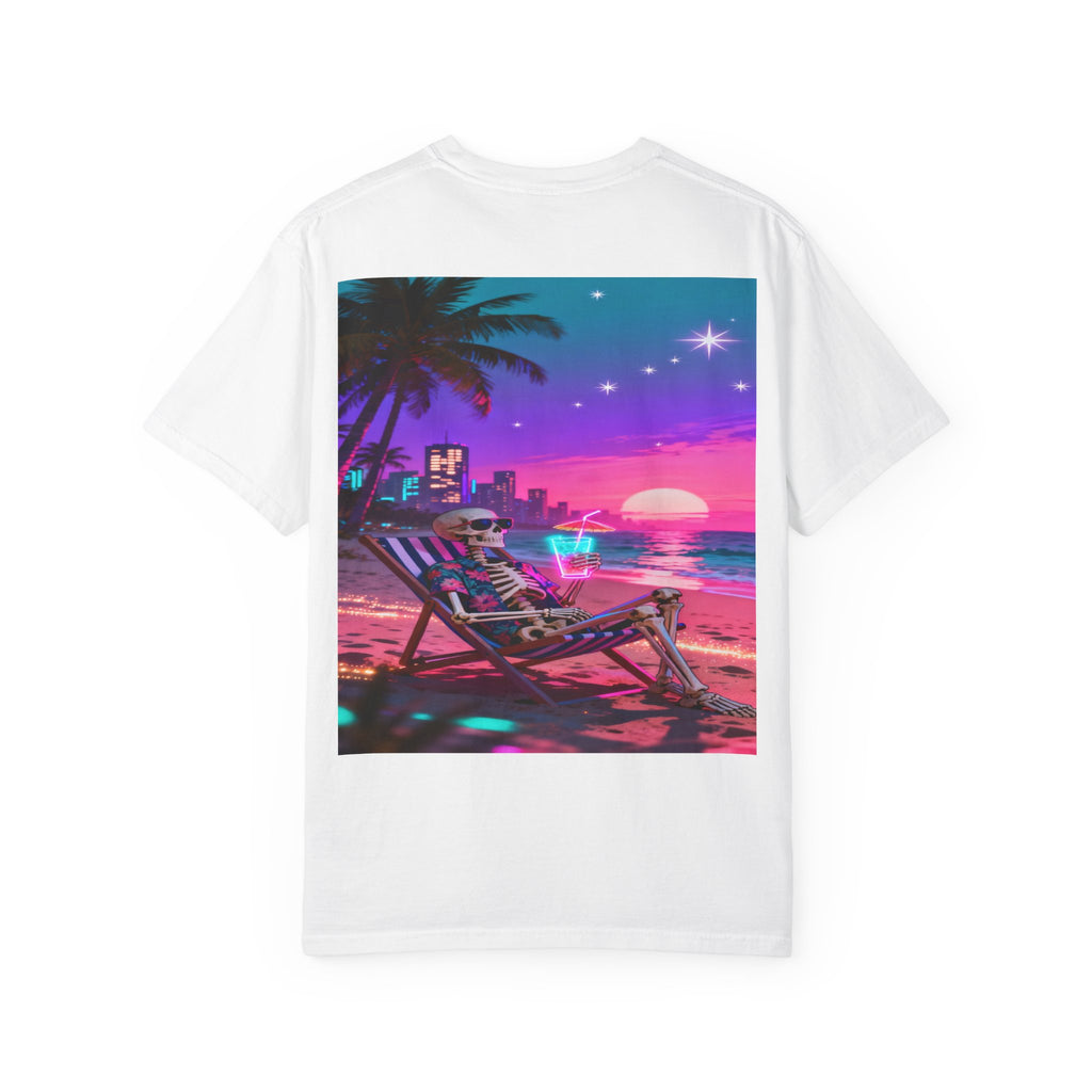 Skeleton on Beach T-shirt | Retro Neon Sunset Vaporwave