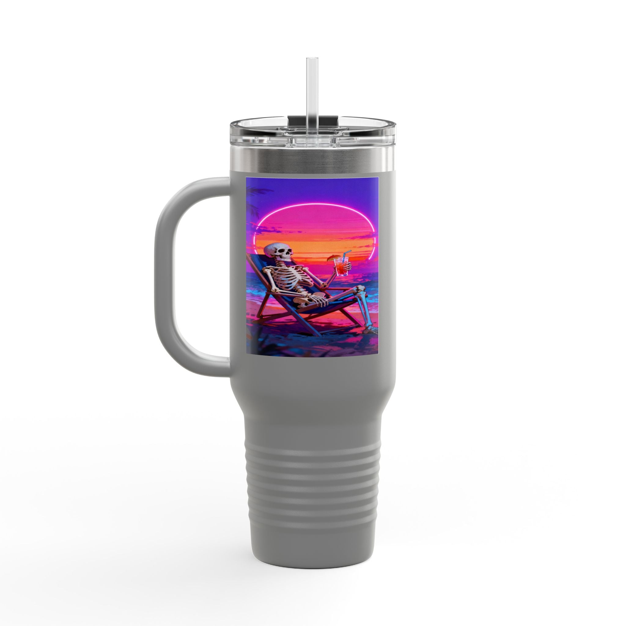 Retro Vaporwave Skeleton Sunset Insulated Travel Mug