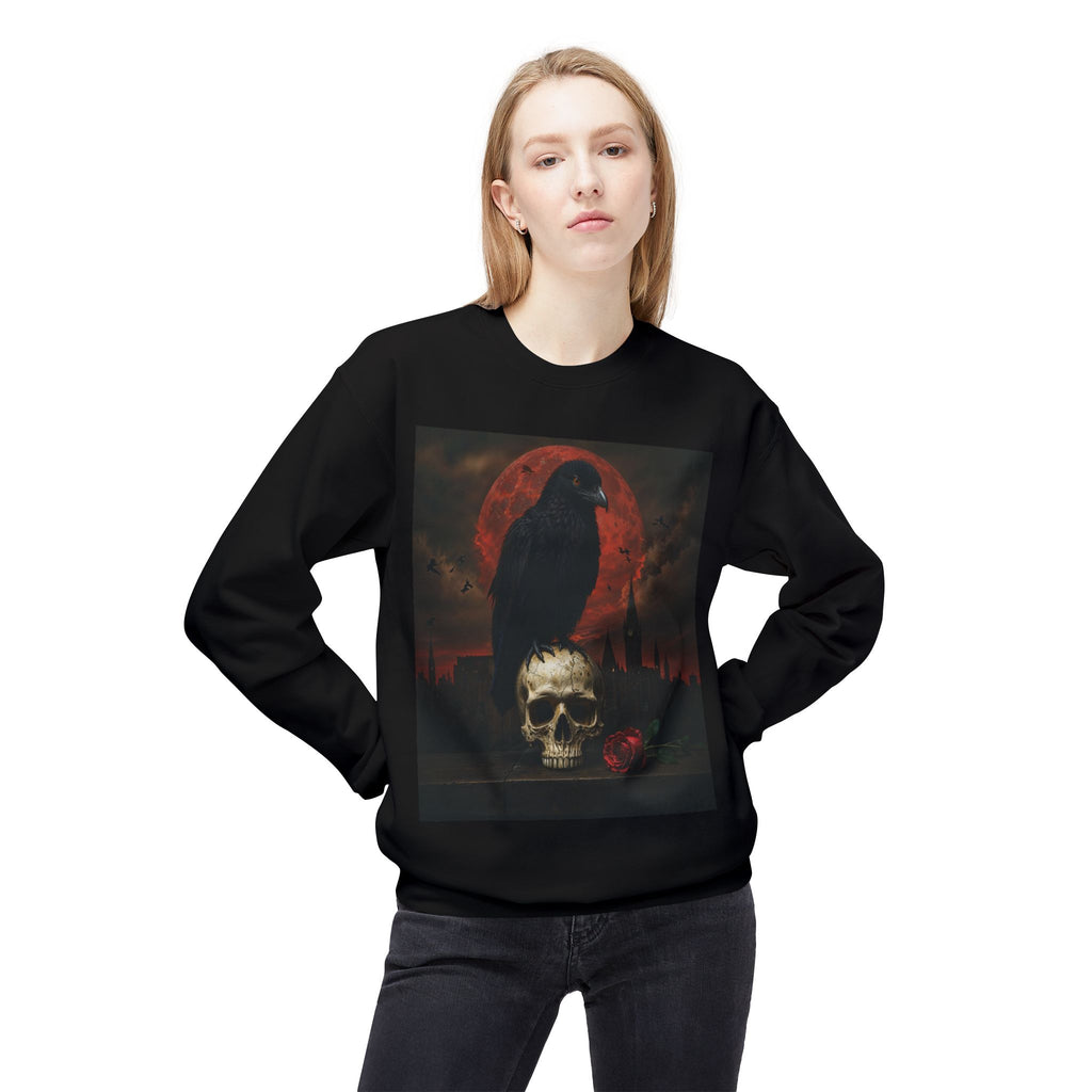 Raven on Skull Crewneck Sweatshirt | Skull Volcano Back Print
