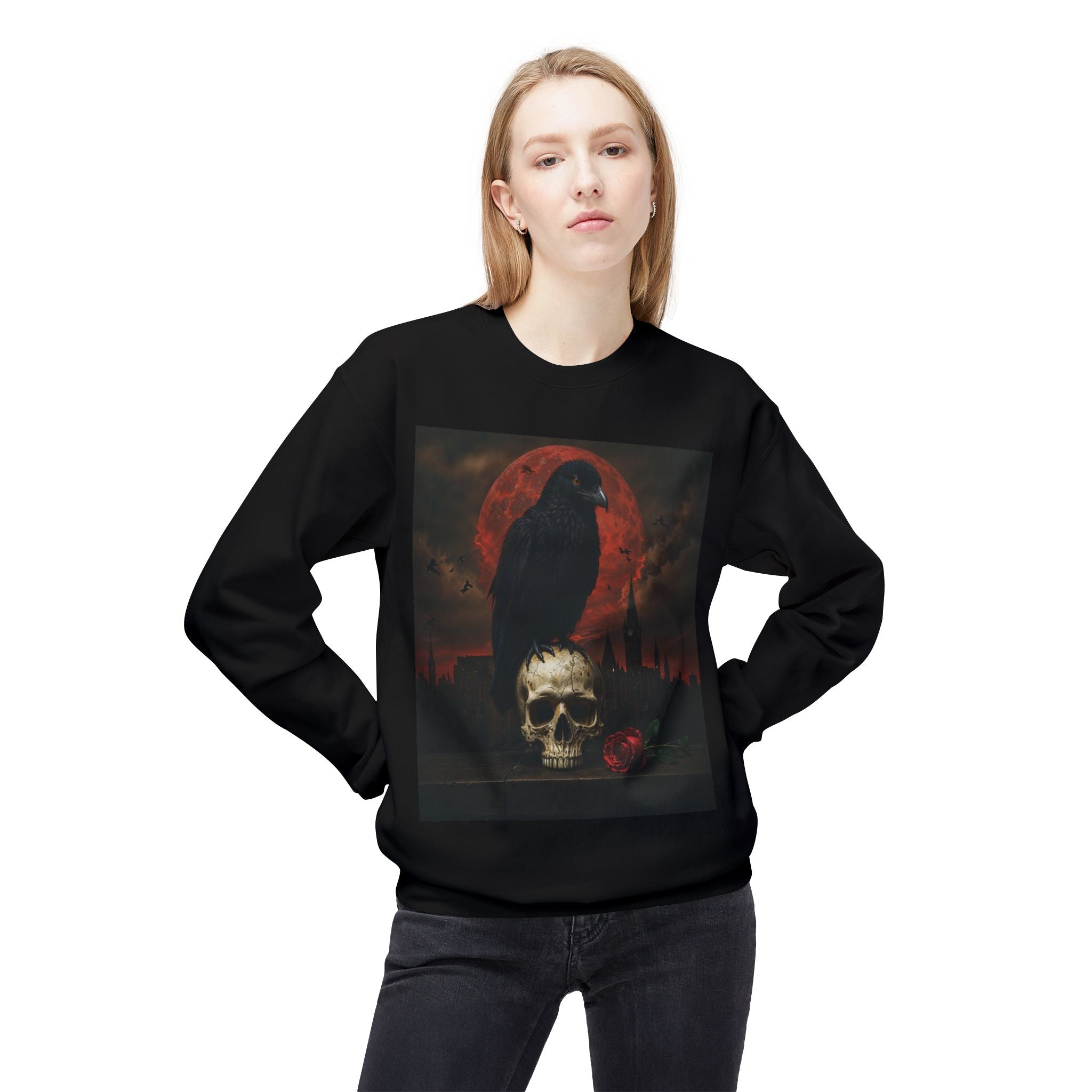 Raven on Skull Crewneck Sweatshirt | Skull Volcano Back Print