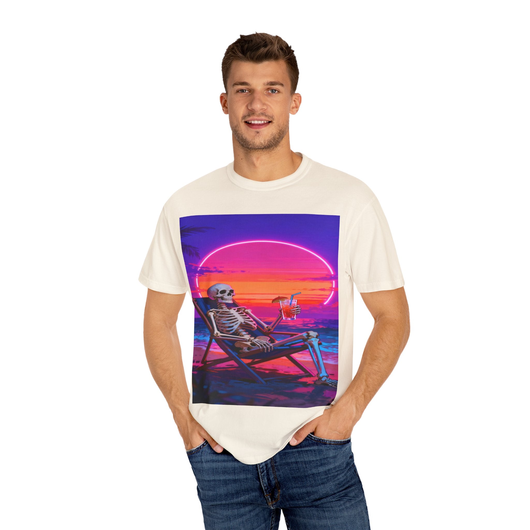 Skeleton on Beach T-shirt | Retro Neon Sunset Vaporwave