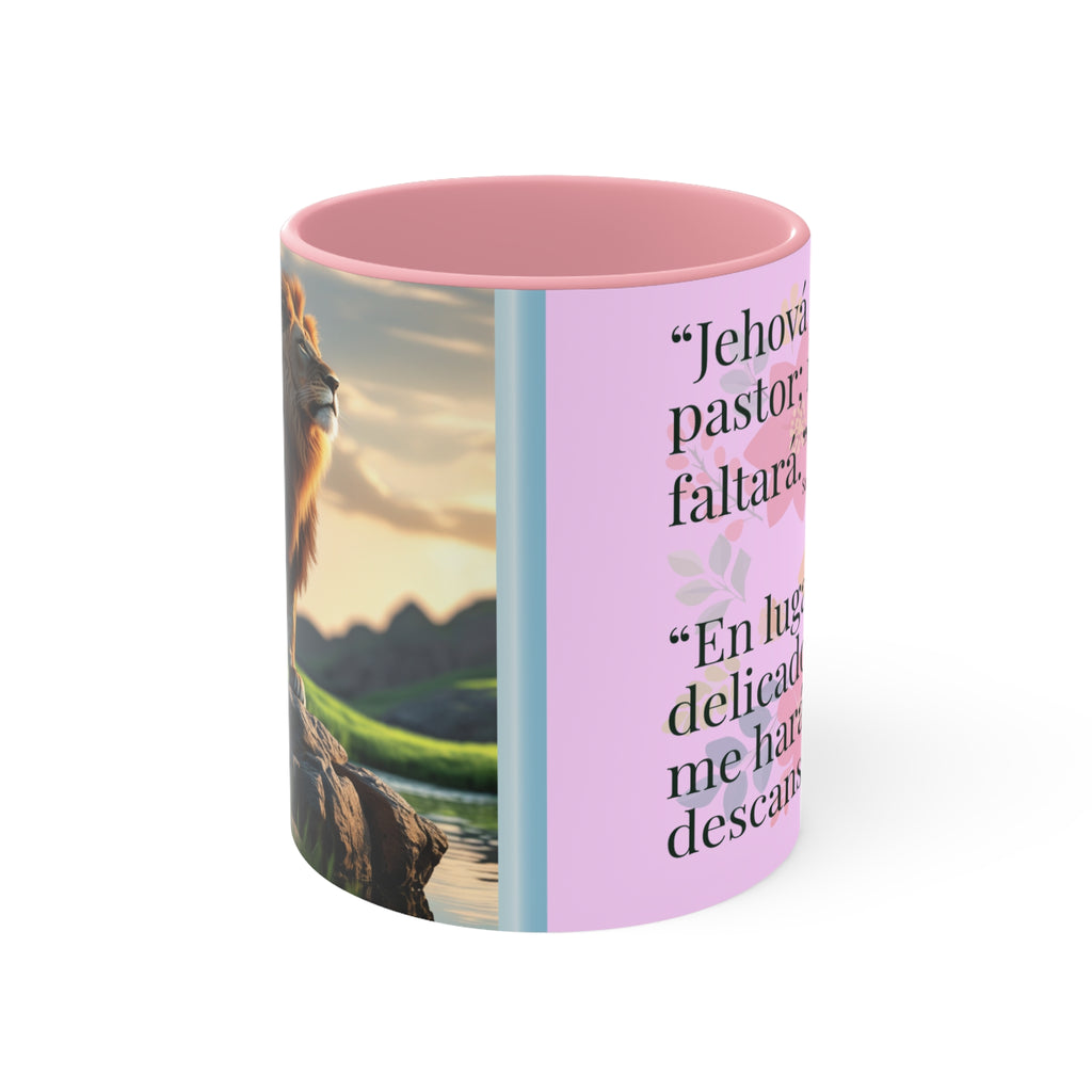 Lion Illustration Accent Mug | Bible Verse Spanish Text, Pink Interior