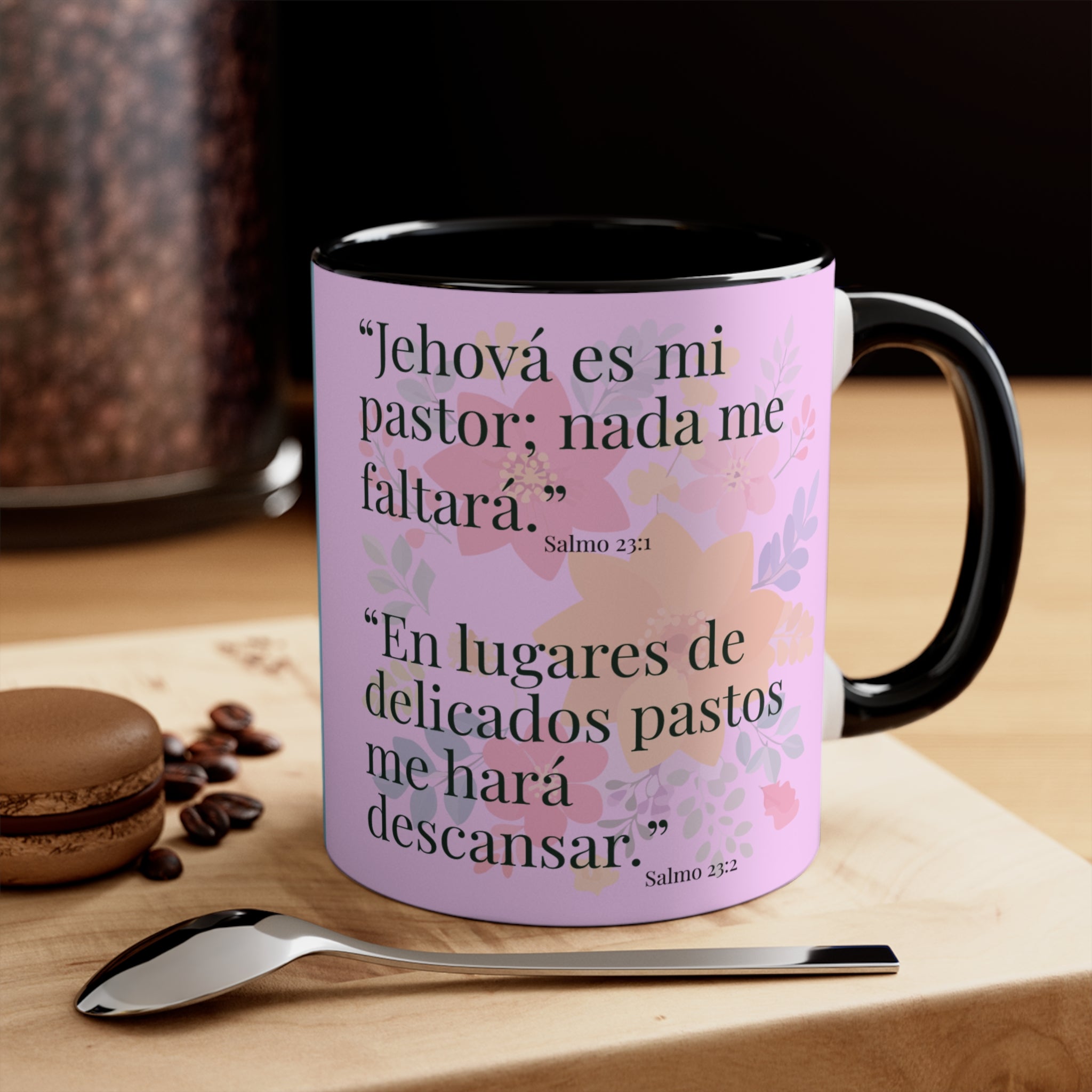 Lion Illustration Accent Mug | Bible Verse Spanish Text, Pink Interior
