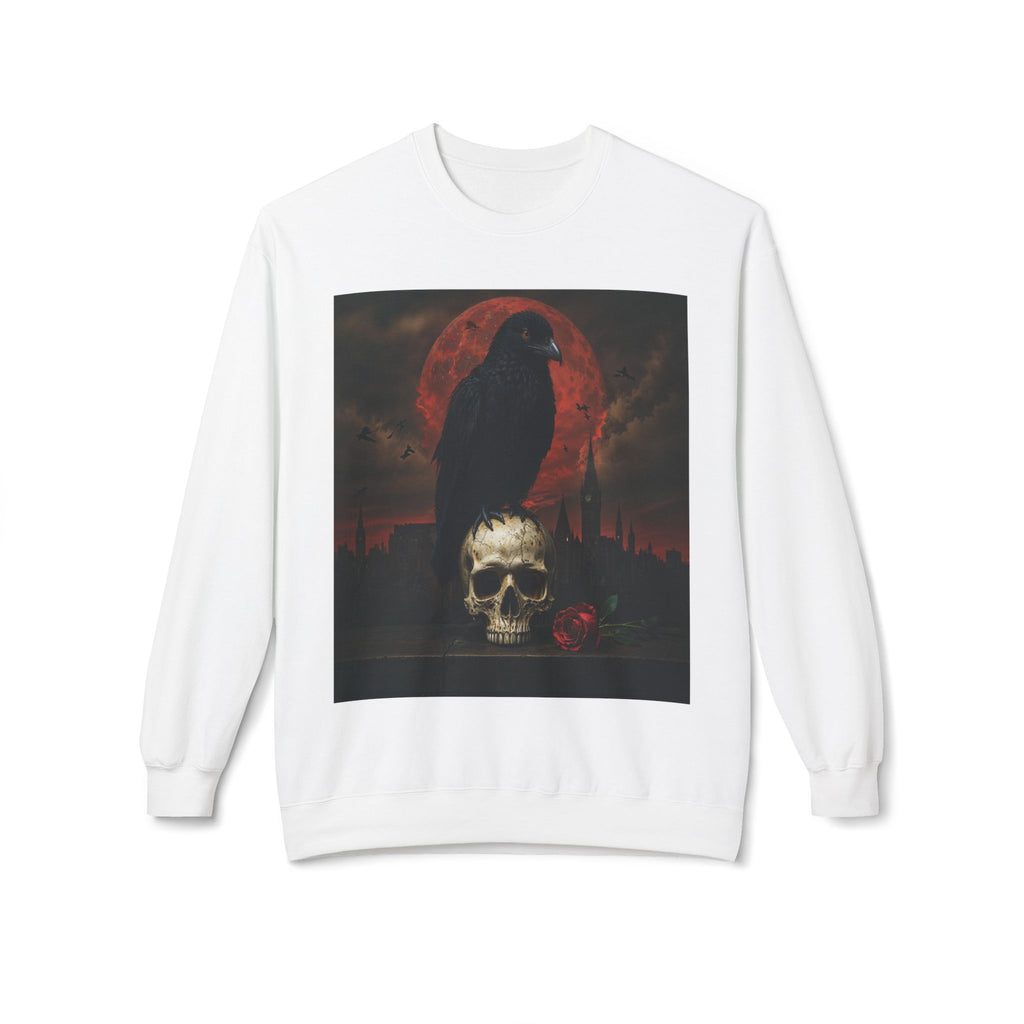 Raven on Skull Crewneck Sweatshirt | Skull Volcano Back Print