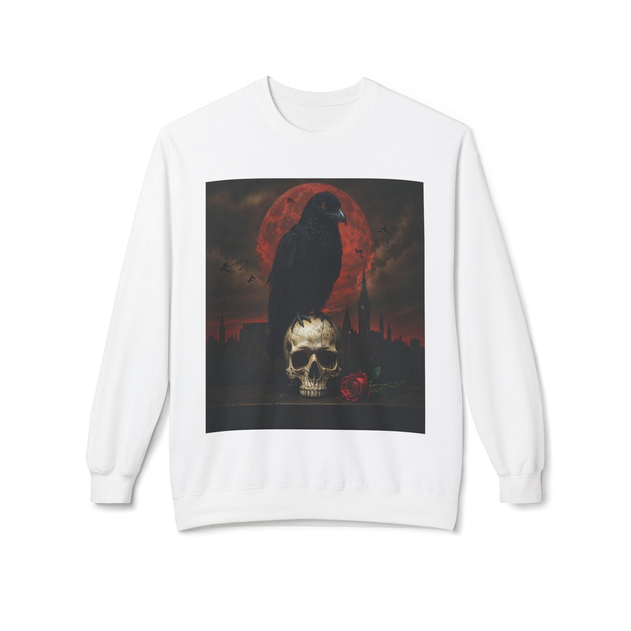 Raven on Skull Crewneck Sweatshirt | Skull Volcano Back Print