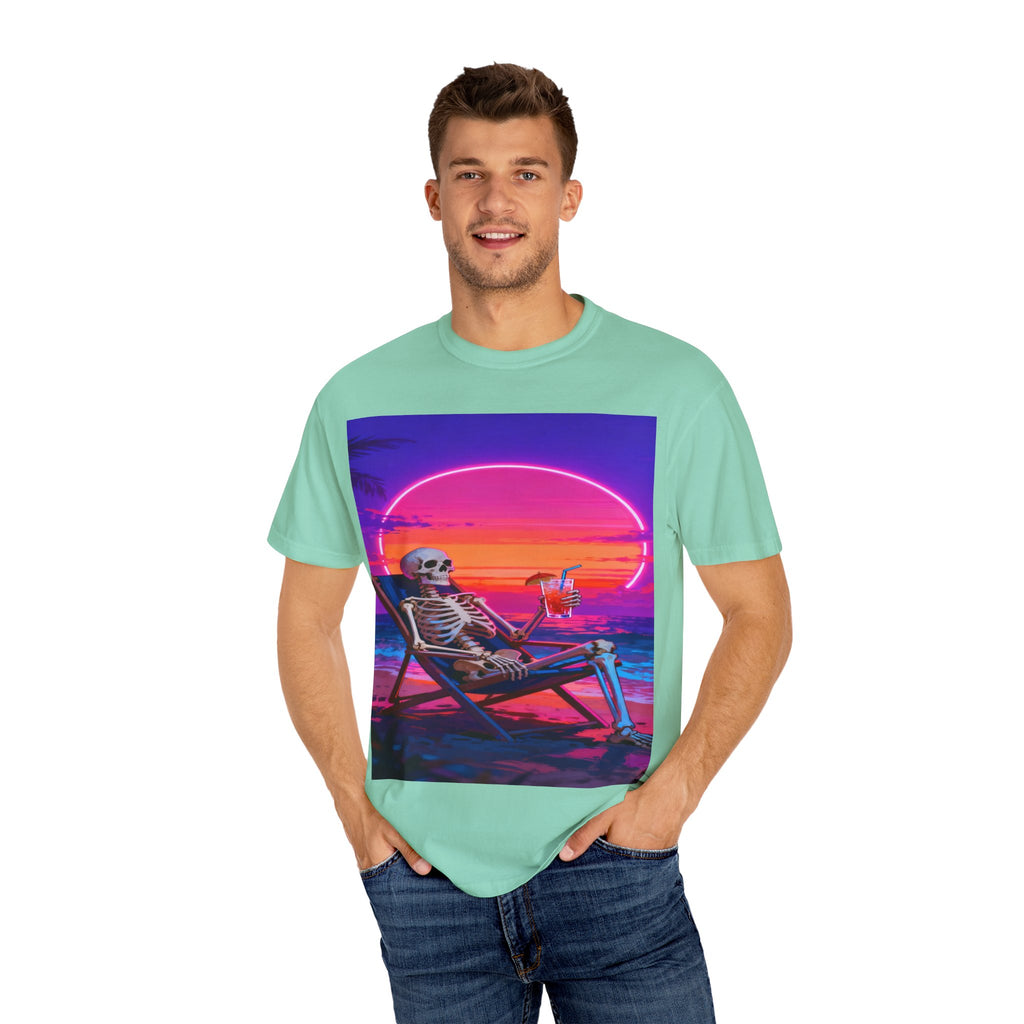 Skeleton on Beach T-shirt | Retro Neon Sunset Vaporwave