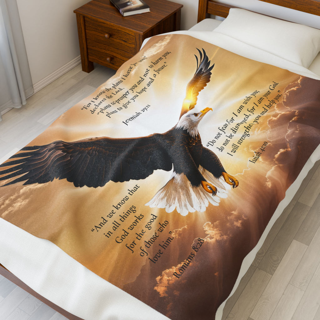 Soaring Bald Eagle Scripture Velveteen Blanket | Inspirational Psalm Design