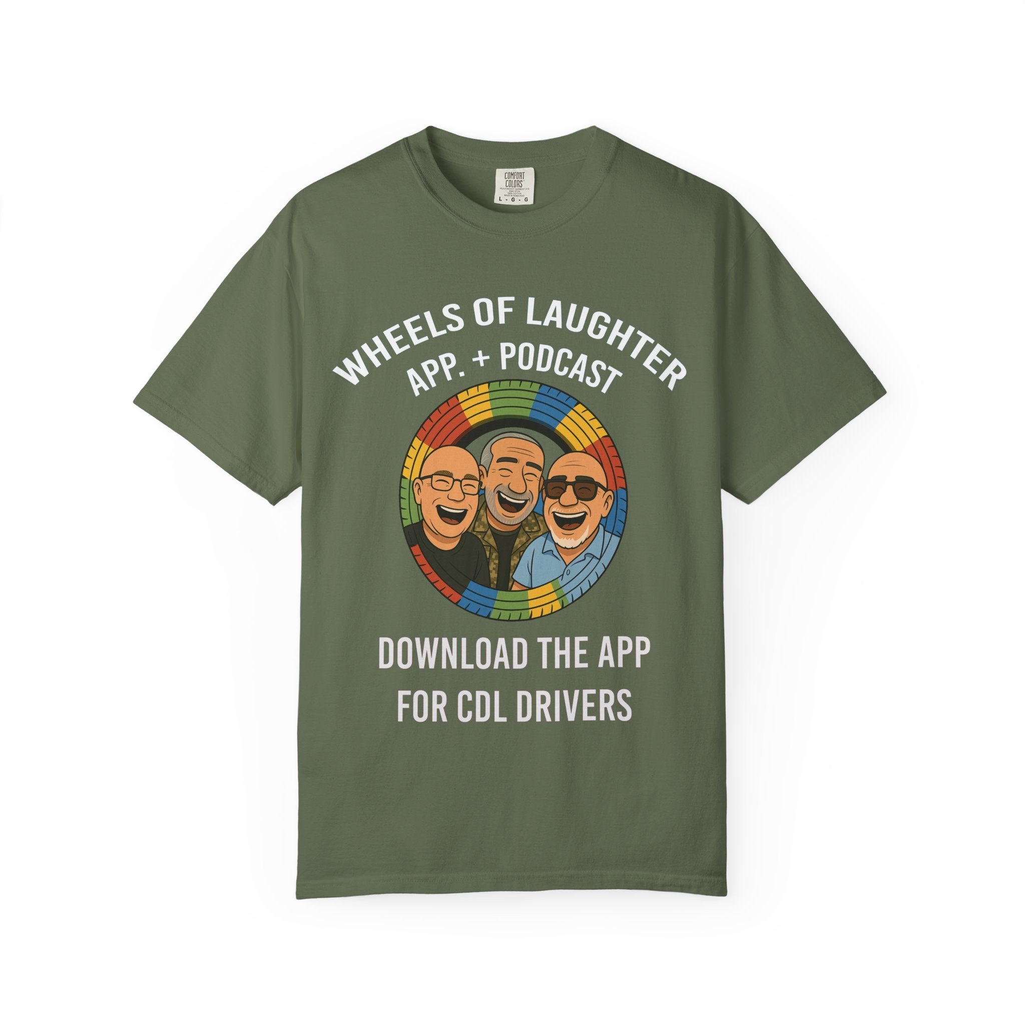 T-Shirt — Colorful Trio Logo Tee "=Wheels of laughter podcast CDL Drivers"