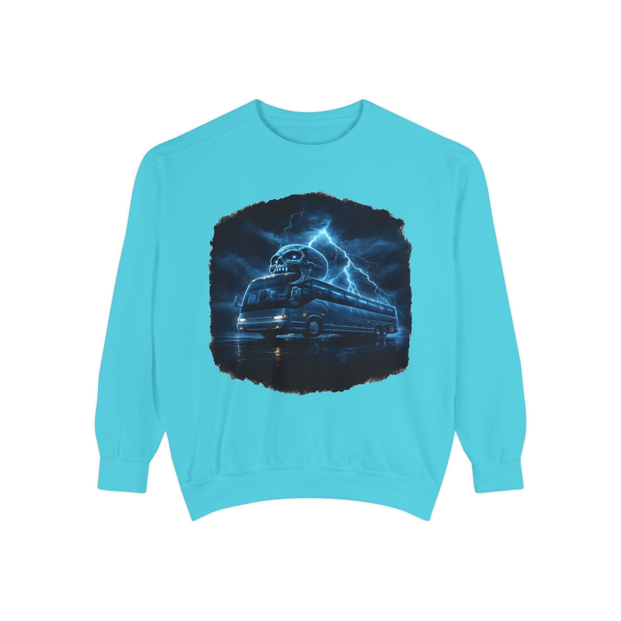 Ghostly Night Bus Sweatshirt — Haunted Storm Road Trip Crewneck
