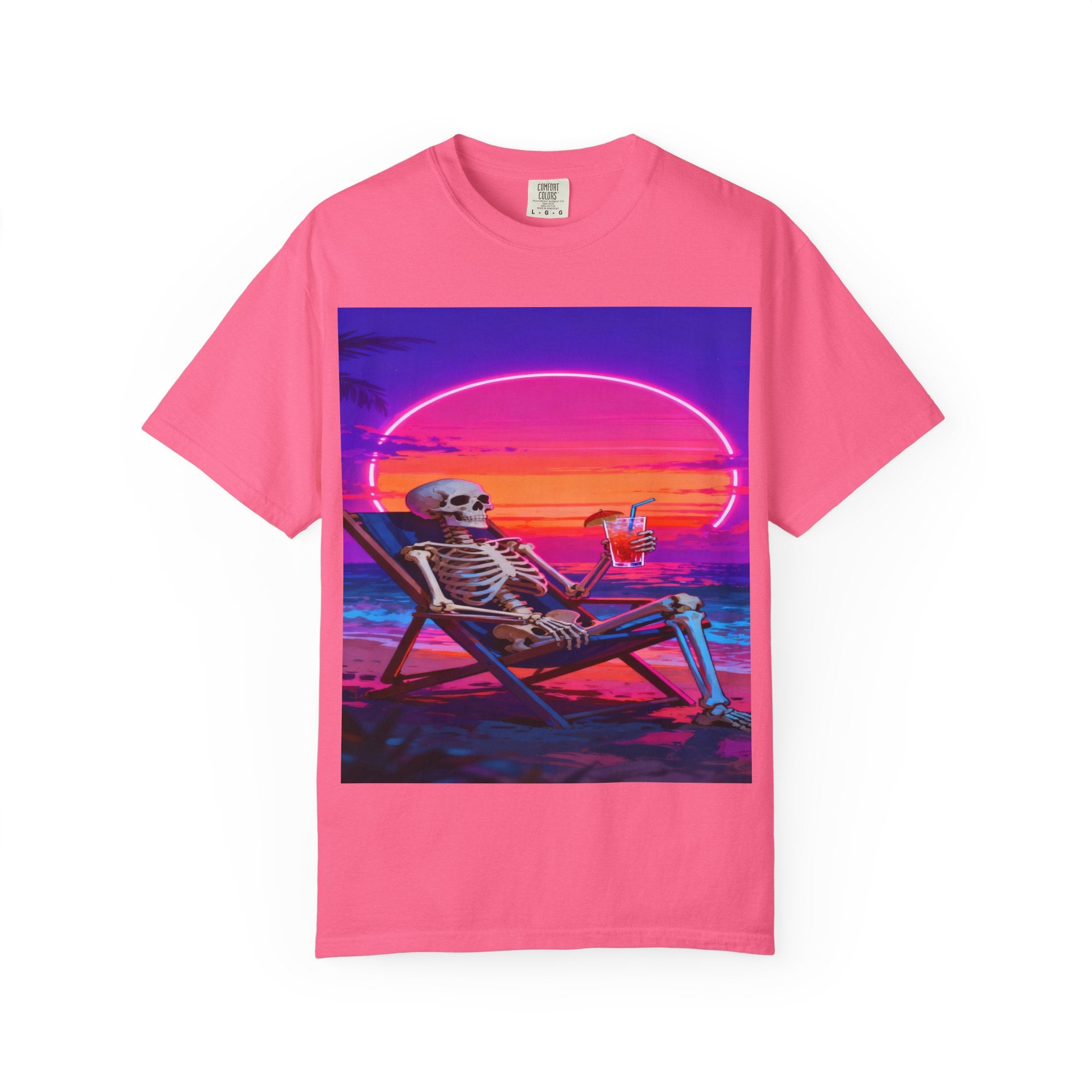 Skeleton on Beach T-shirt | Retro Neon Sunset Vaporwave