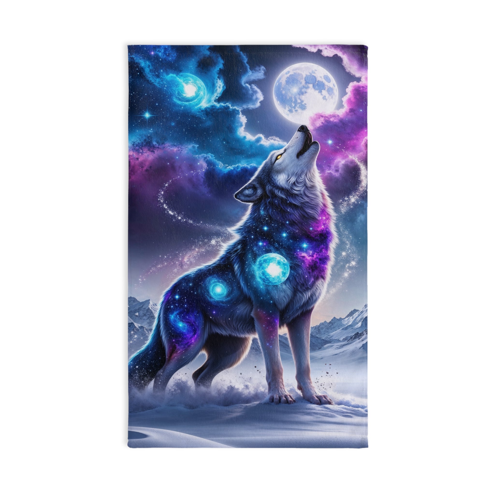 Cosmic Wolf Howling Hand Towel | Galaxy Night Moon