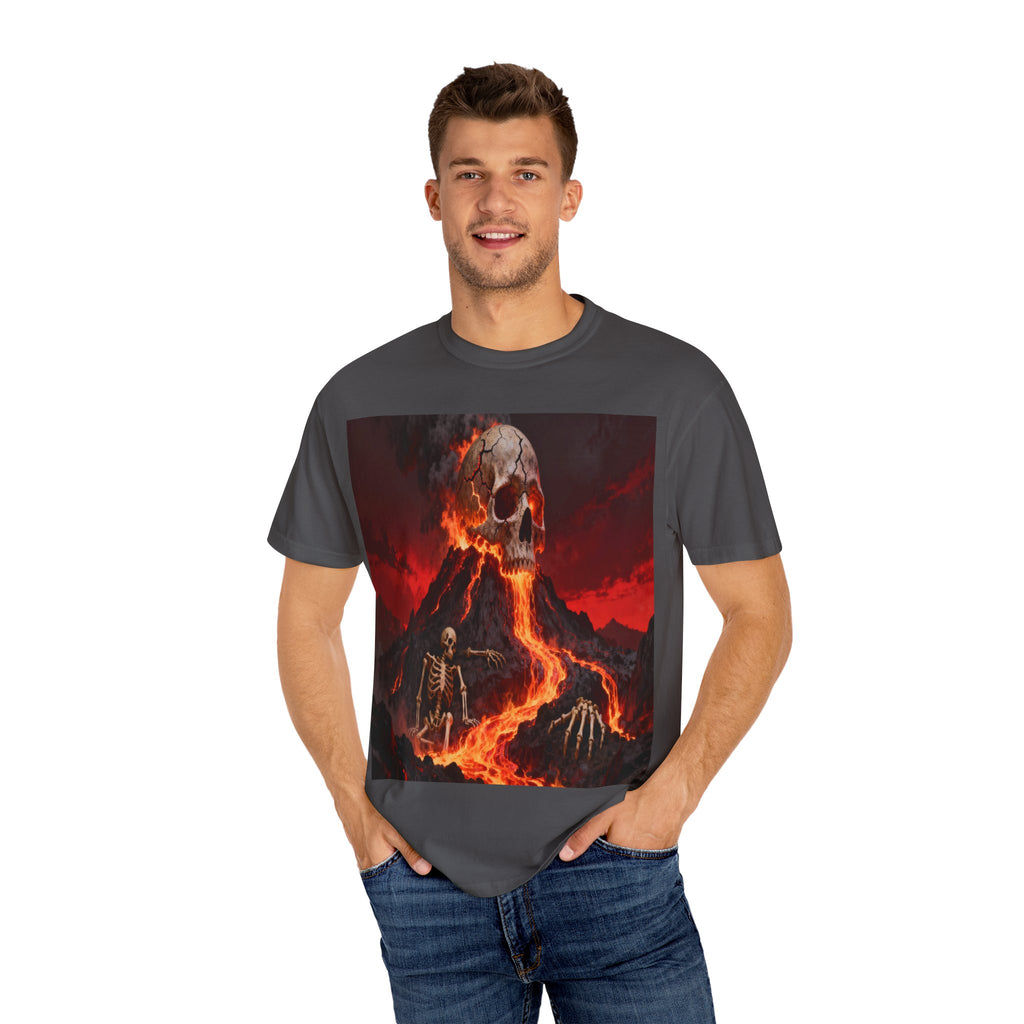 Volcanic Skull Lava Scene T-Shirt | Skeleton Volcano Graphic Tee