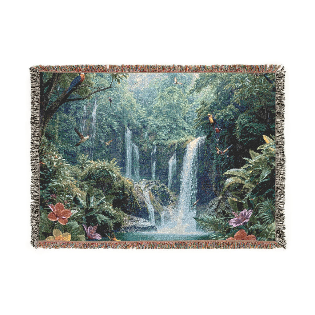 Tropical Waterfall Woven Blanket | Jungle Falls Throw, Lush Forest Scenic Throw