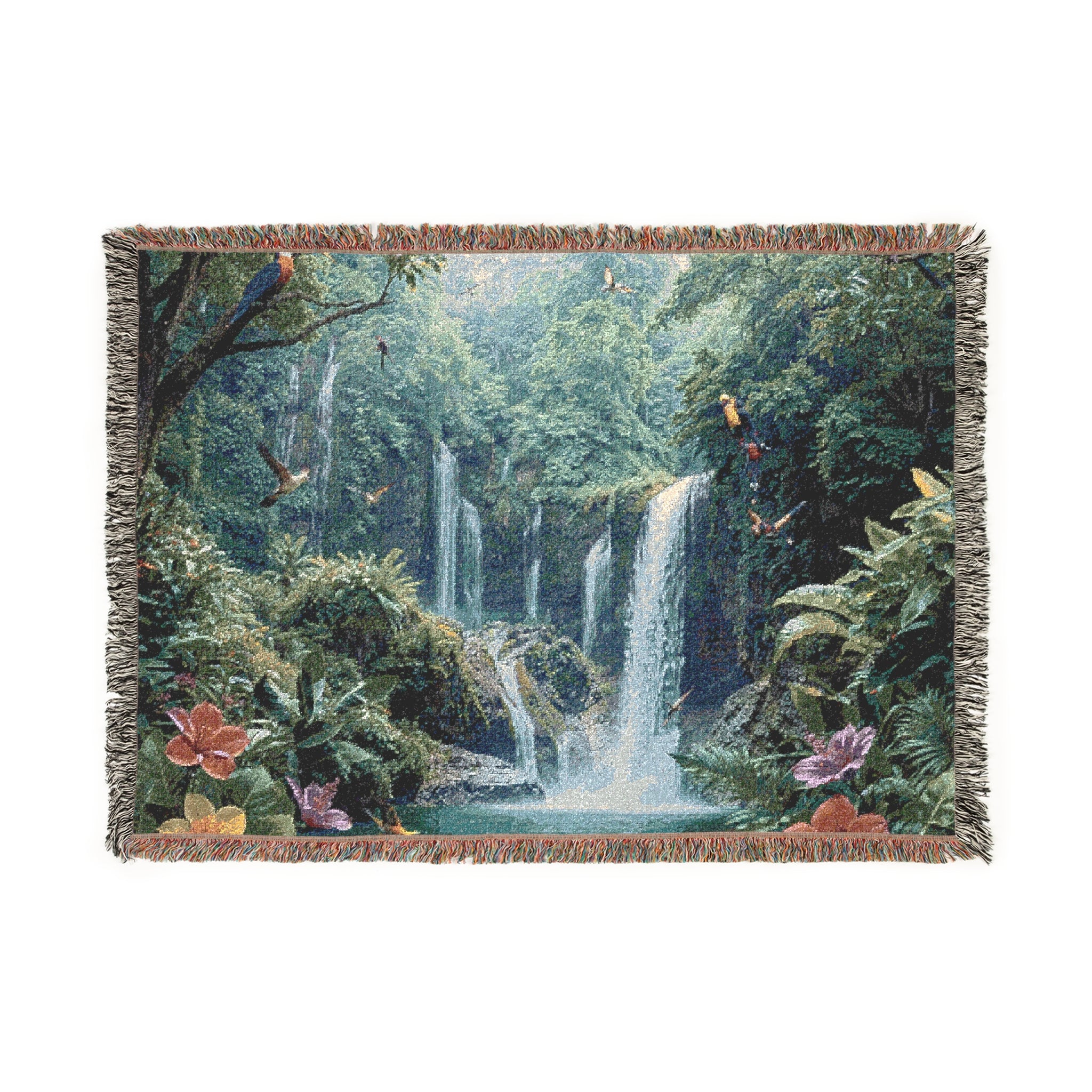 Tropical Waterfall Woven Blanket | Jungle Falls Throw, Lush Forest Scenic Throw