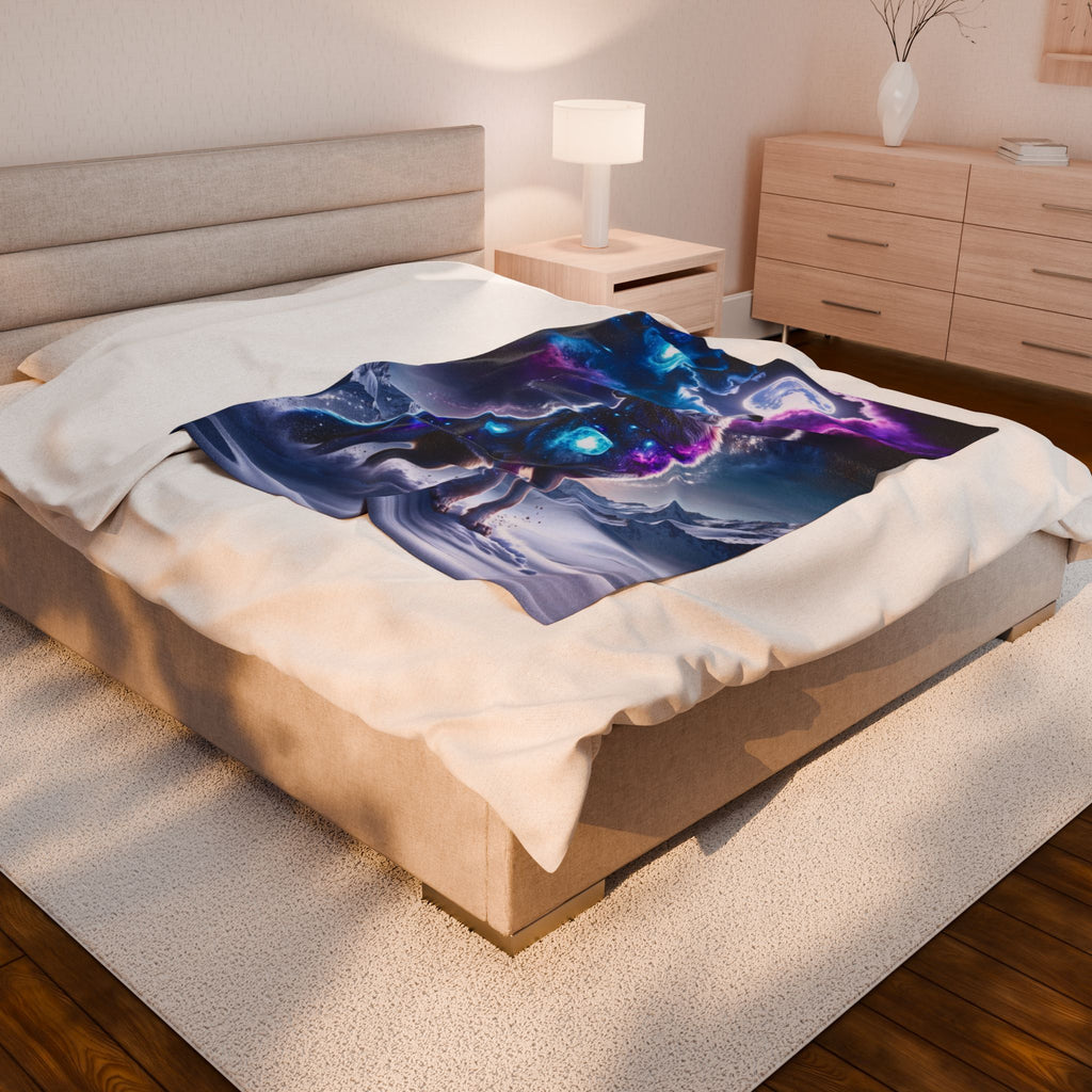 Galaxy Wolf Howling Velveteen Plush Blanket | Cosmic Moon Wolf Throw