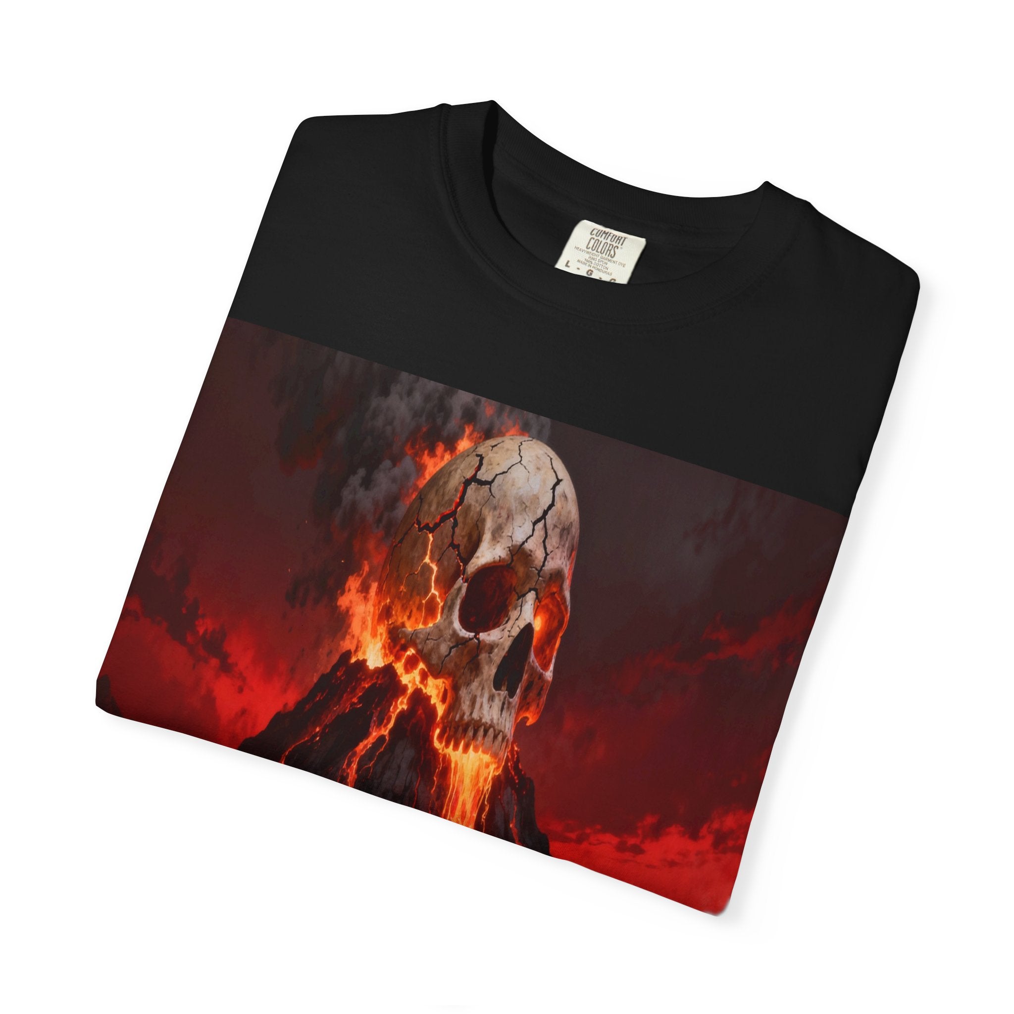 Volcanic Skull Lava Scene T-Shirt | Skeleton Volcano Graphic Tee
