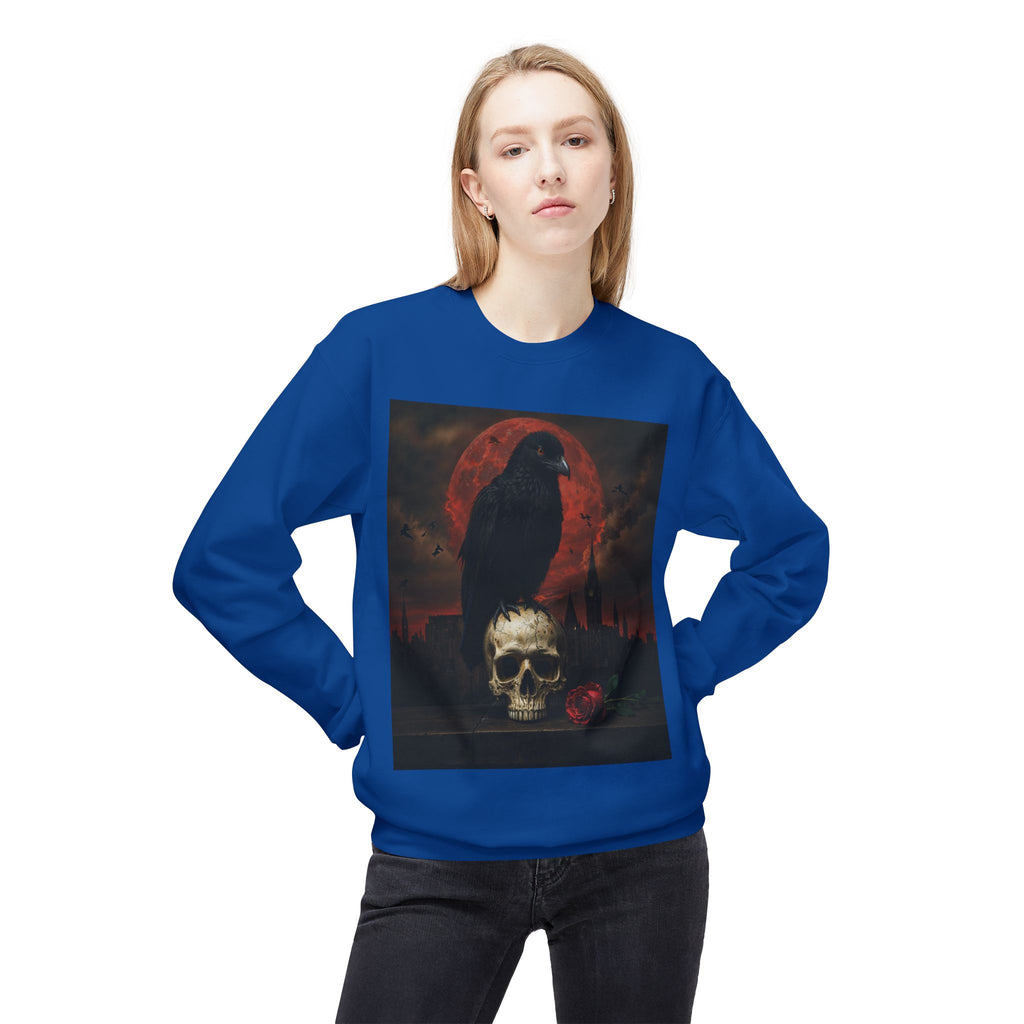 Raven on Skull Crewneck Sweatshirt | Skull Volcano Back Print