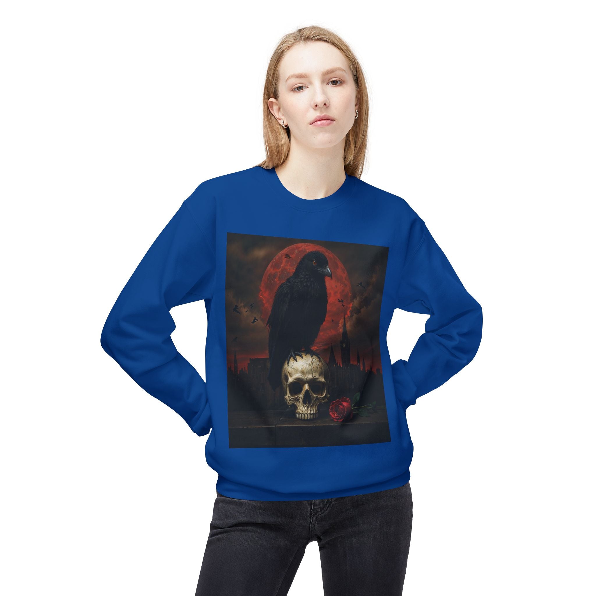 Raven on Skull Crewneck Sweatshirt | Skull Volcano Back Print