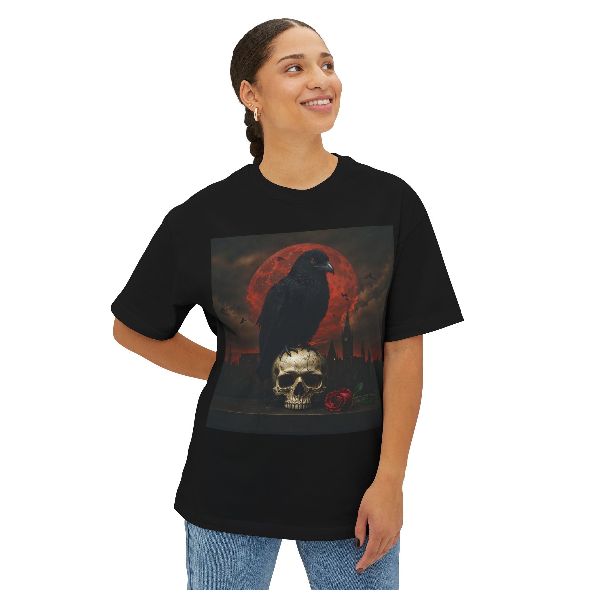 Raven Rising from Flames Skull Tee | Gothic Metal Fantasy