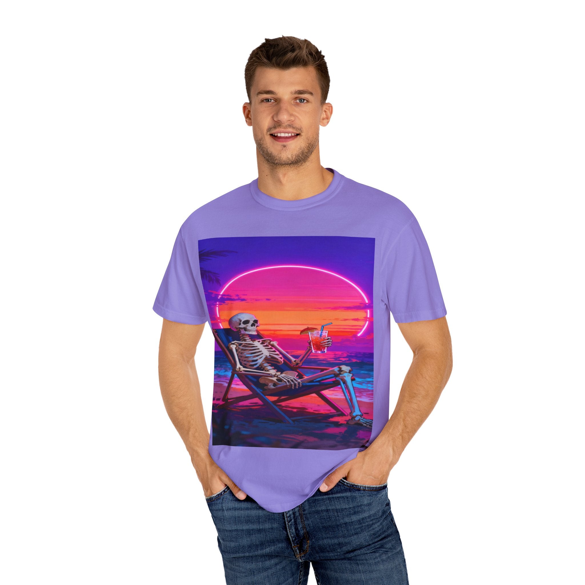 Skeleton on Beach T-shirt | Retro Neon Sunset Vaporwave