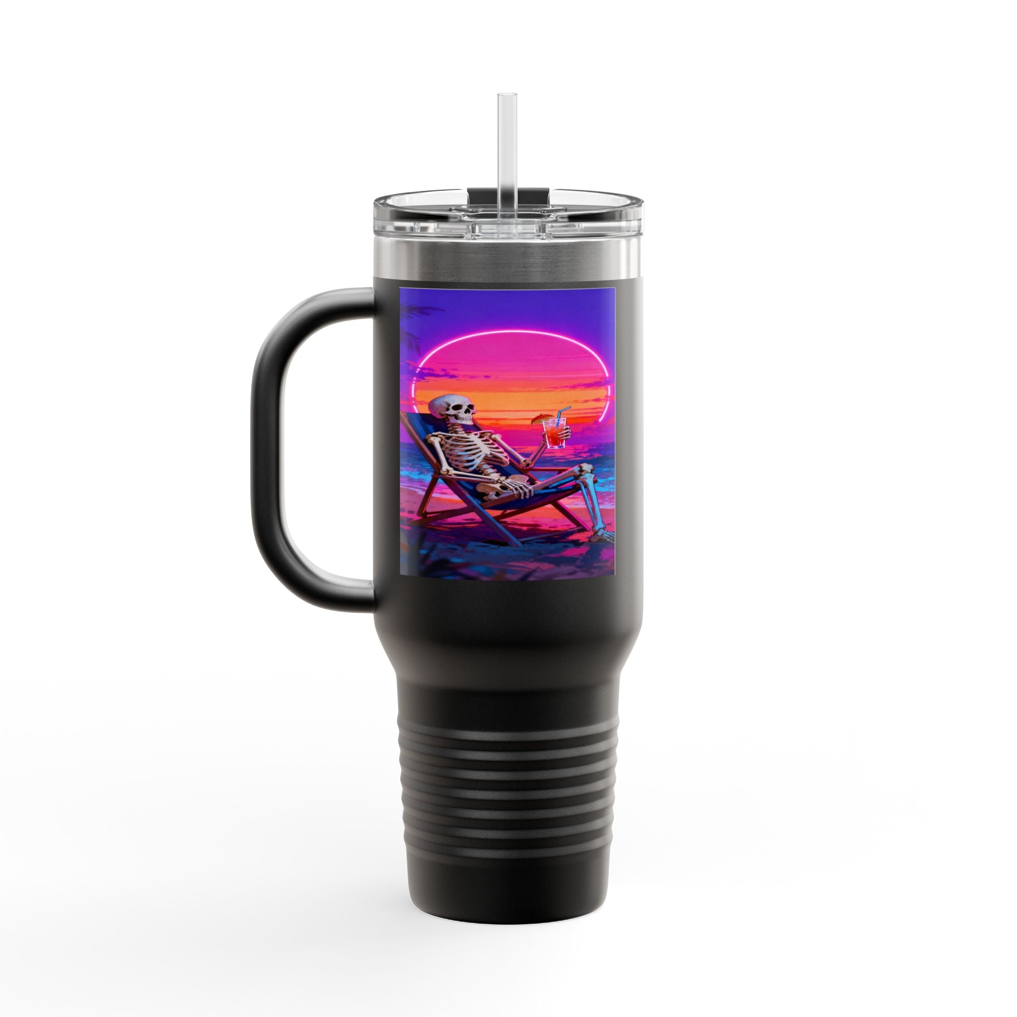 Retro Vaporwave Skeleton Sunset Insulated Travel Mug