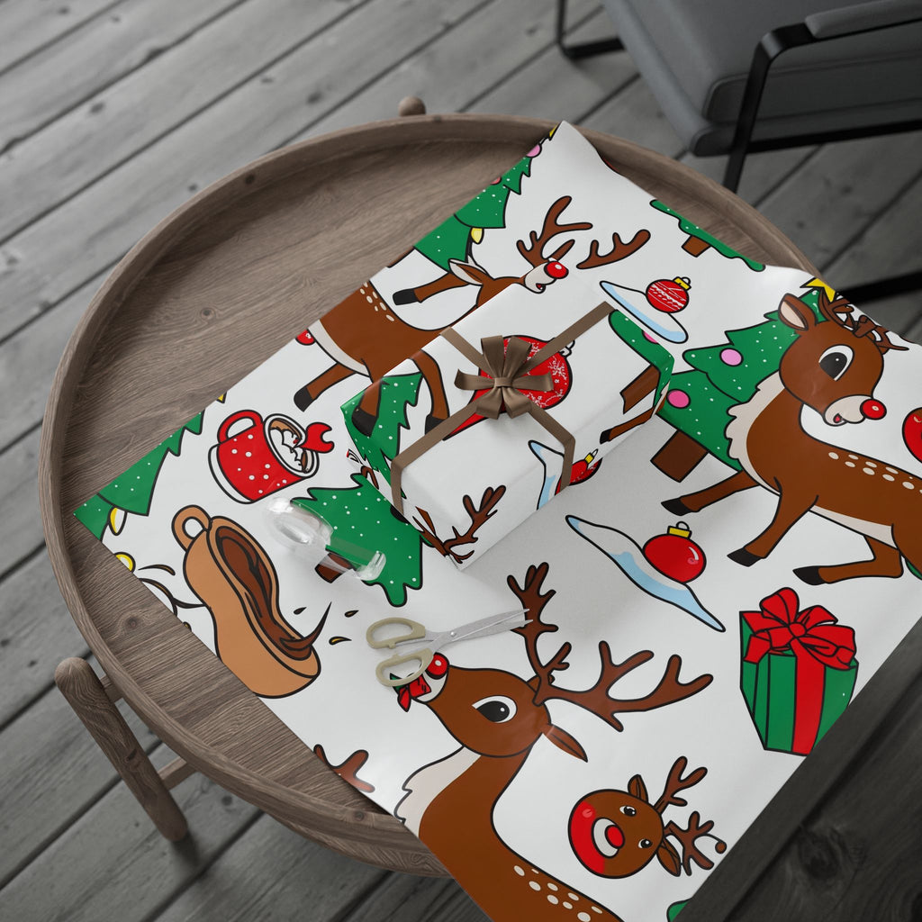 Reindeer Pattern Wrapping Paper | Christmas Trees Ornaments Gifts