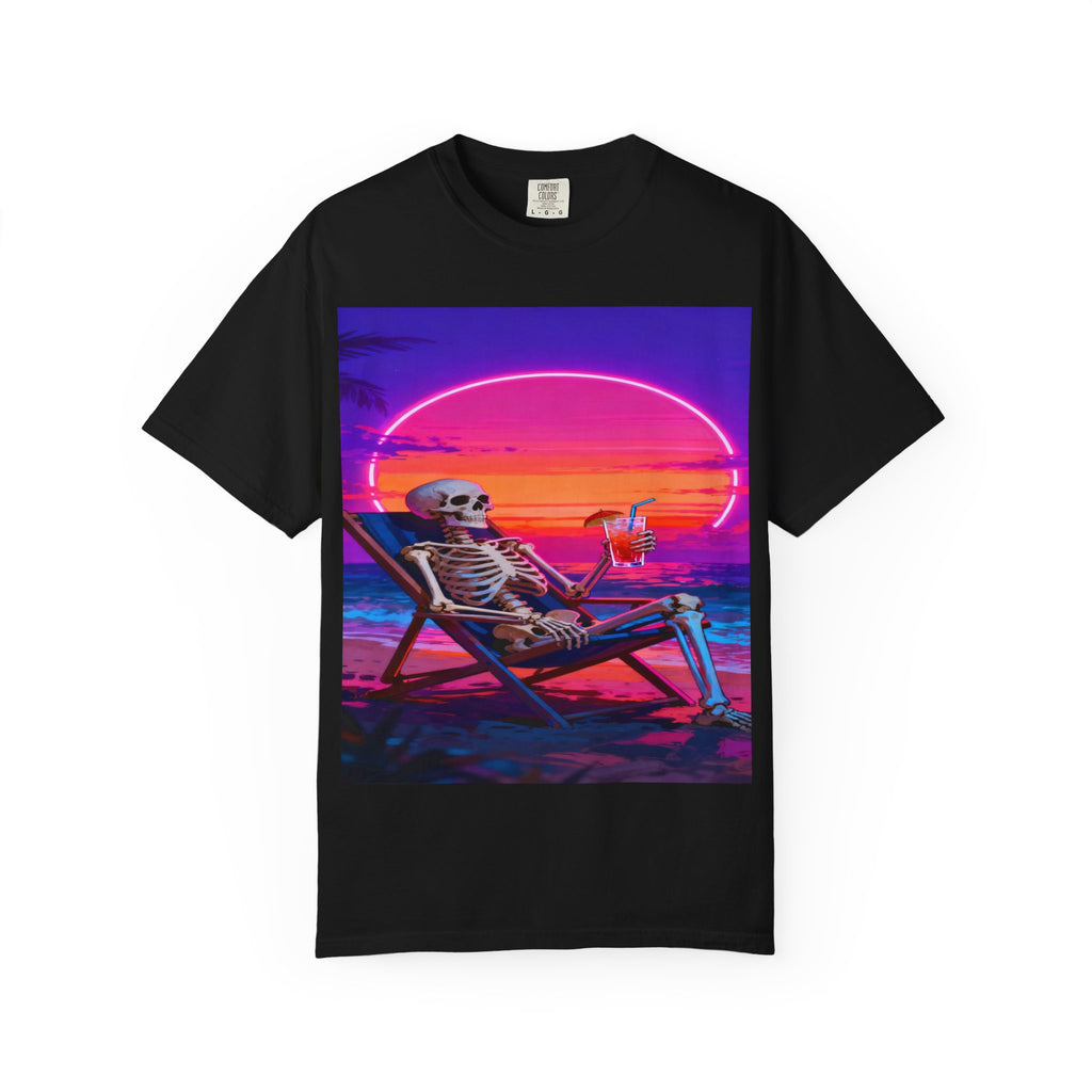 Skeleton on Beach T-shirt | Retro Neon Sunset Vaporwave