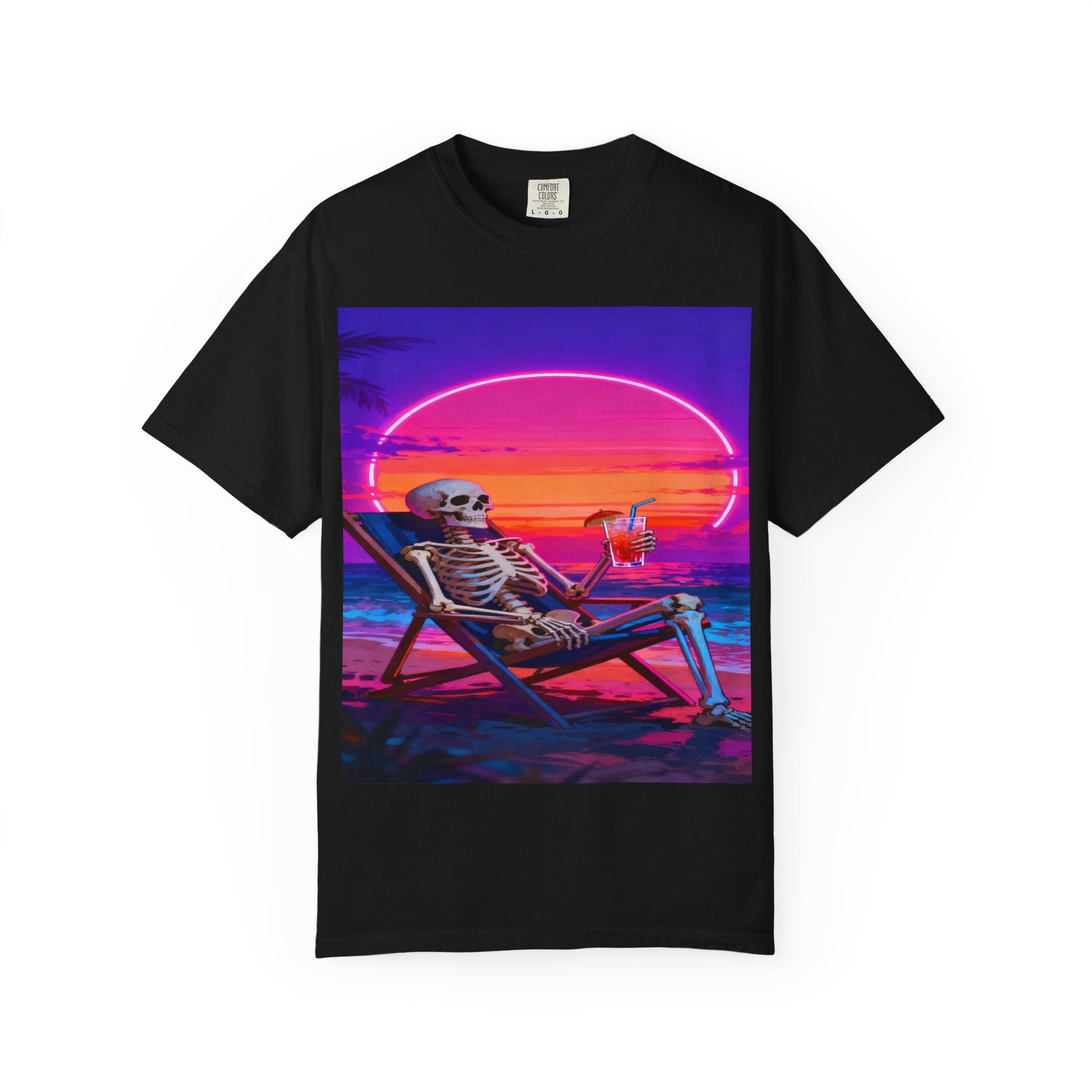 Skeleton on Beach T-shirt | Retro Neon Sunset Vaporwave