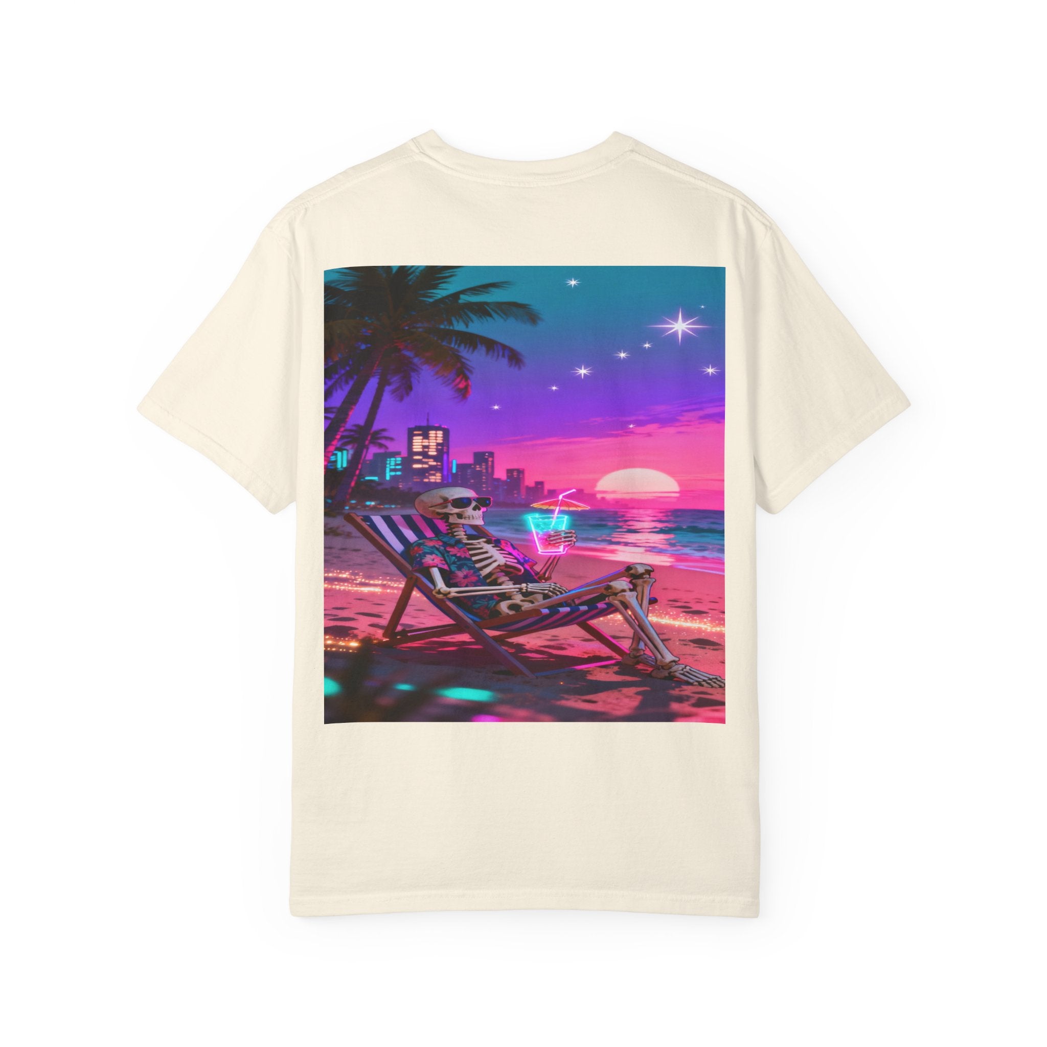 Skeleton on Beach T-shirt | Retro Neon Sunset Vaporwave