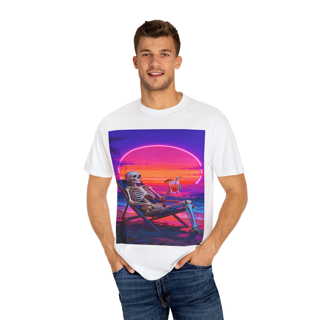 Skeleton on Beach T-shirt | Retro Neon Sunset Vaporwave