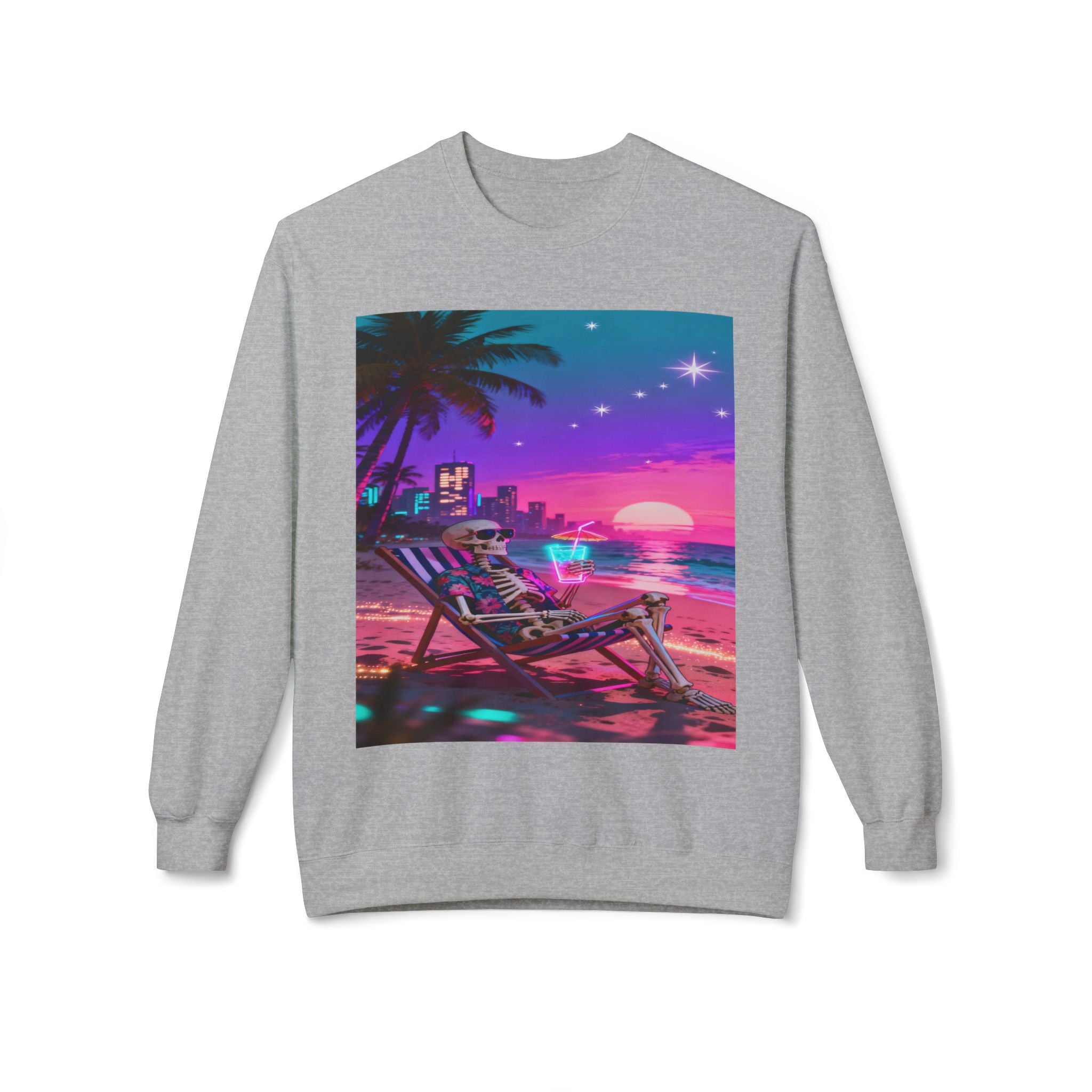 Retro Vaporwave Skeleton Beach Sweatshirt | Neon Sunset Aesthetic