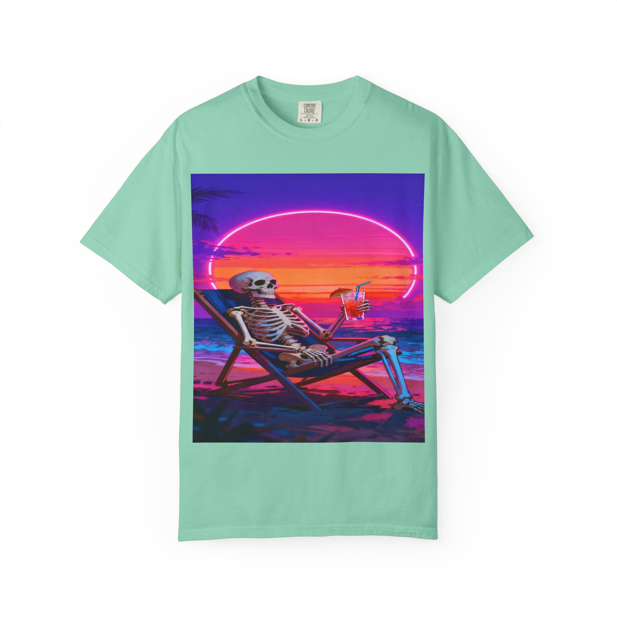 Skeleton on Beach T-shirt | Retro Neon Sunset Vaporwave